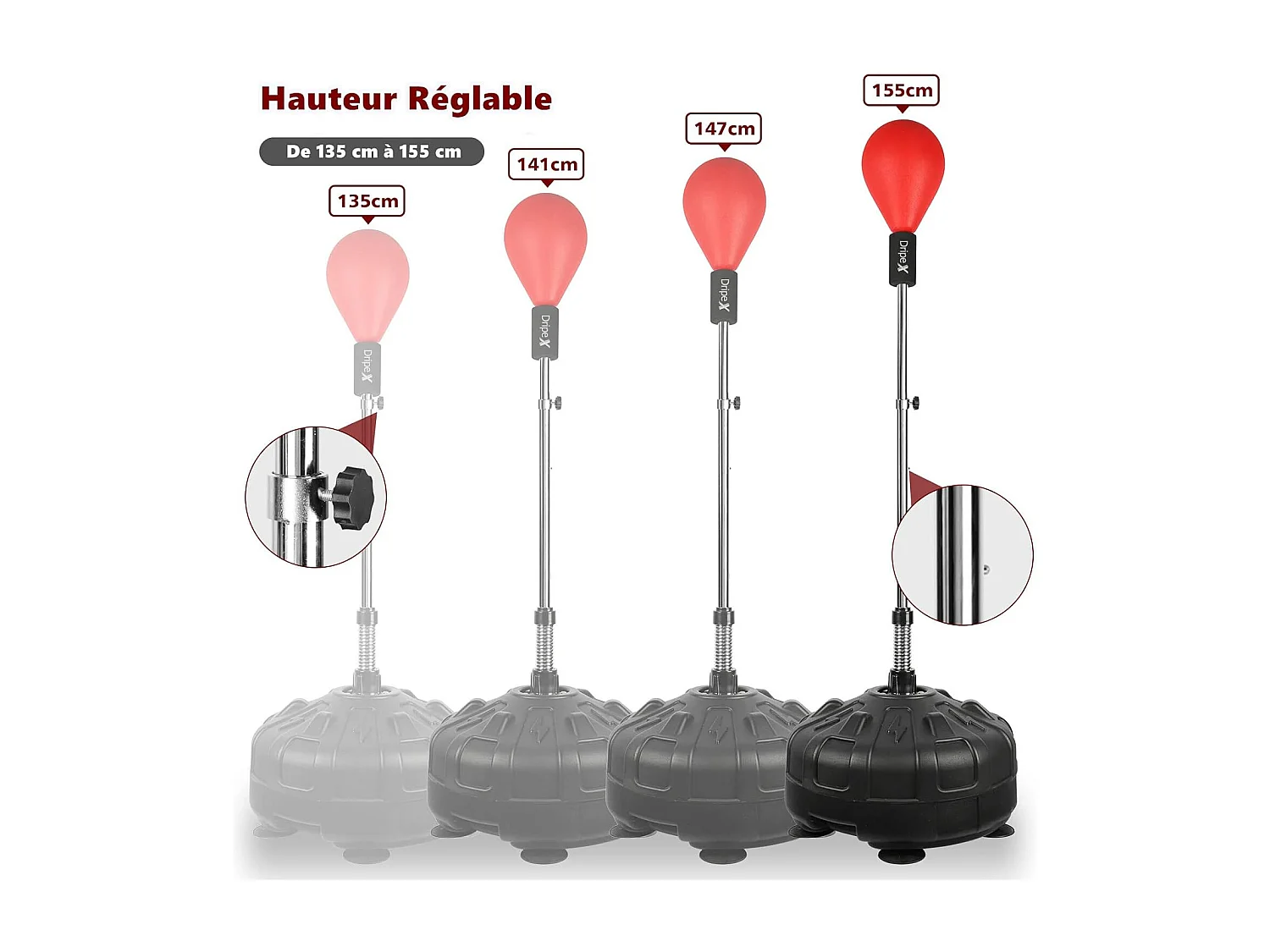 Dripex Punching Ball sur Pied avec Gants Enfant Sac de Frappe Boxe avec Base 6 Ventouses Hauteur Rglable 135-155 cm Rouge