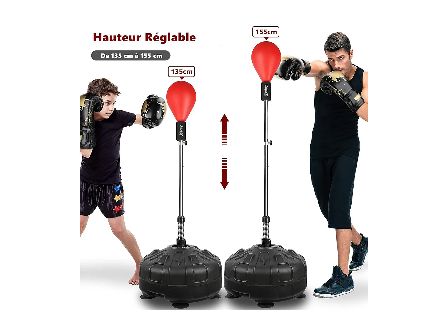Dripex Punching Ball sur Pied avec Gants Enfant Sac de Frappe Boxe avec Base 6 Ventouses Hauteur Rglable 135-155 cm Rouge