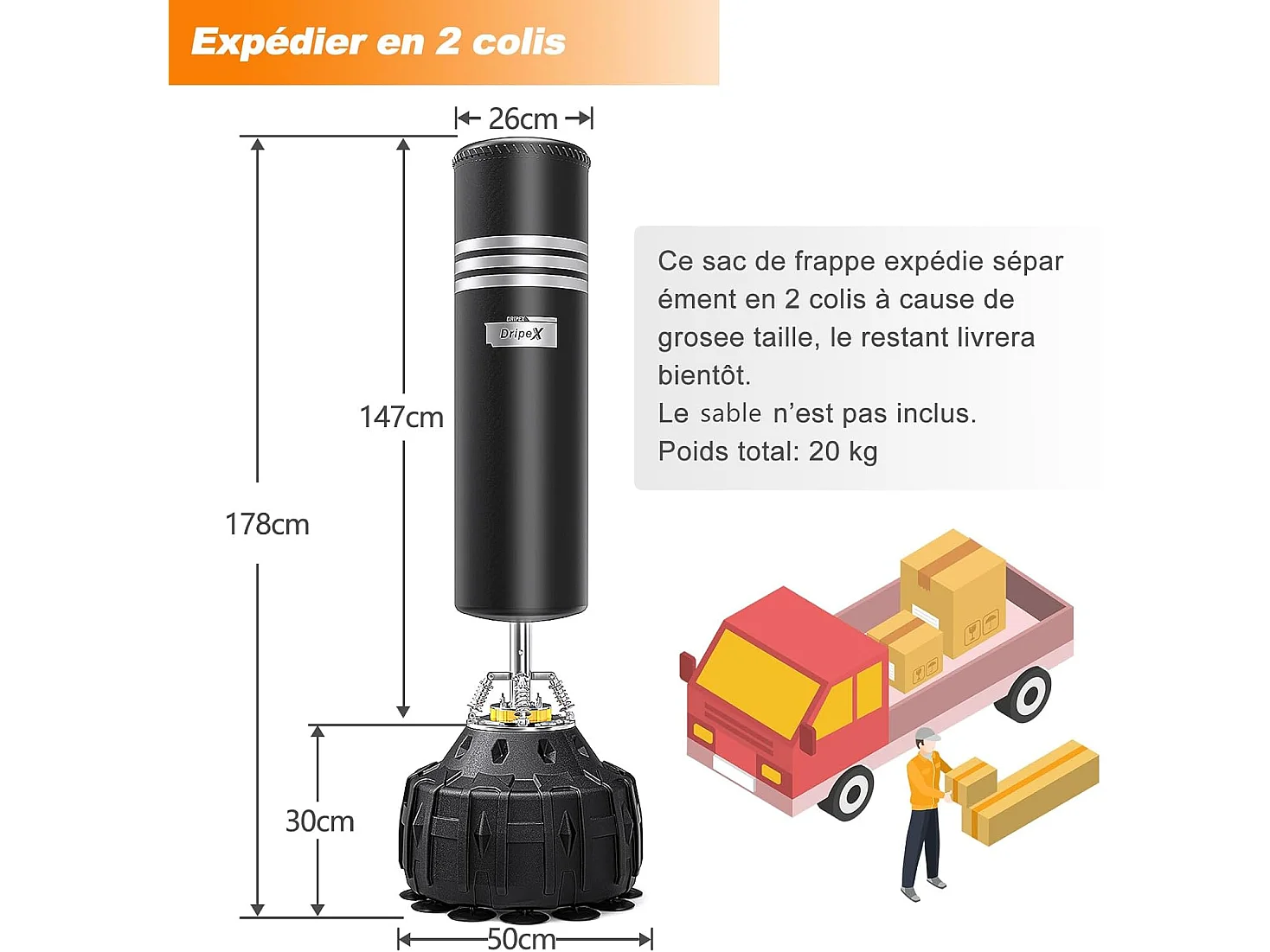 Dripex Sac de Frappe sur Pied Adulte 178 cm Sac de Boxe Autoportant MMA Punching Ball Adulte avec 19 Ventouses pour Karat Fitness