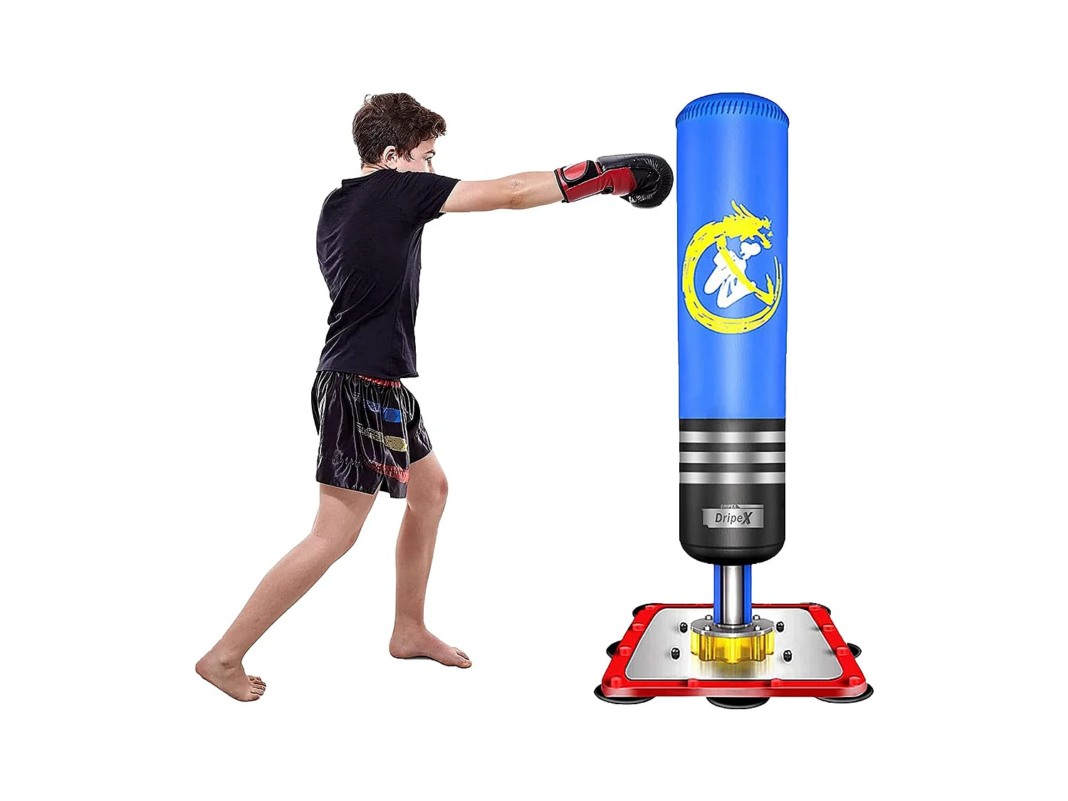 Dripex PunchingBall Enfant 120 cm Sac de Frappe Boxe sur Pied avec 12 Ventouses pour Karat Taekwondo MMA Bleu