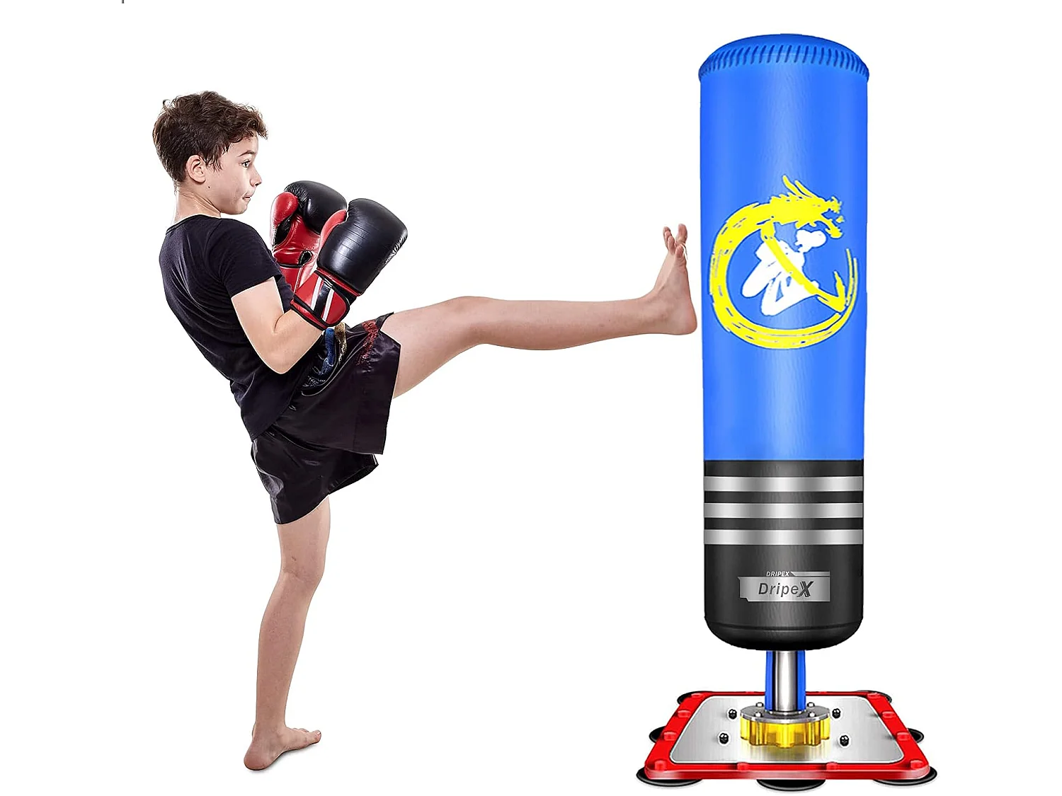 Dripex PunchingBall Enfant 120 cm Sac de Frappe Boxe sur Pied avec 12 Ventouses pour Karat Taekwondo MMA Bleu