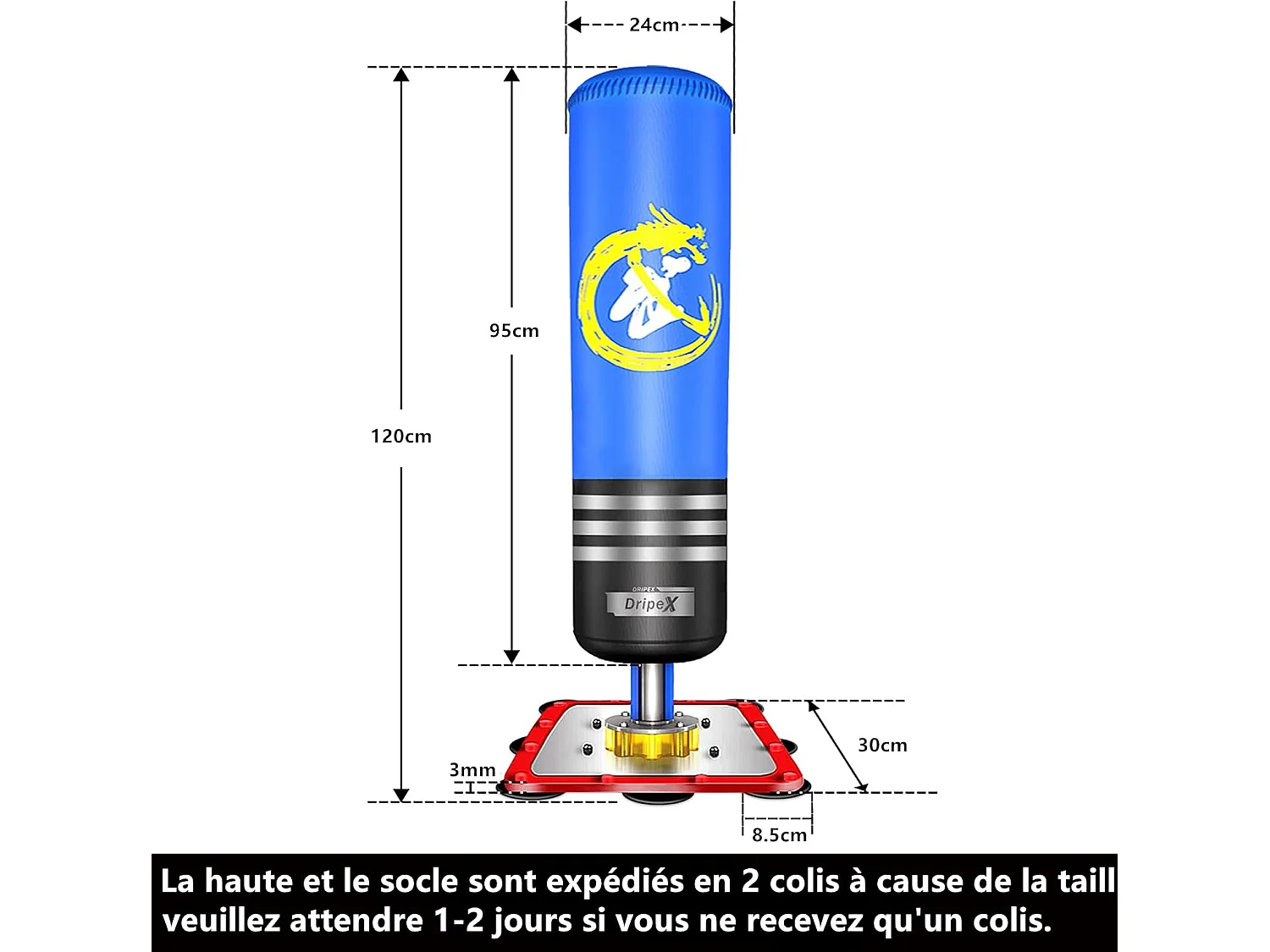 Dripex PunchingBall Enfant 120 cm Sac de Frappe Boxe sur Pied avec 12 Ventouses pour Karat Taekwondo MMA Bleu