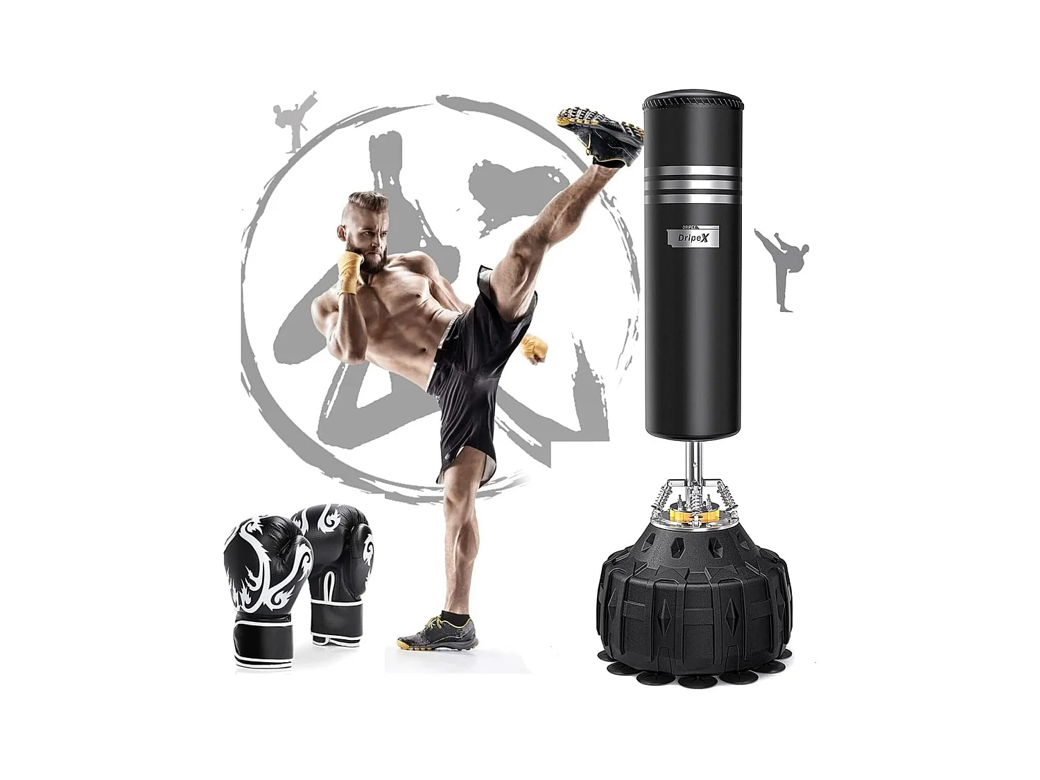 Dripex Sac de Boxe Autoportant avec Gants Sac de Frappe sur Pied 178 cm Punching Ball avec 19 Ventouses pour Muay Thai Kickboxing