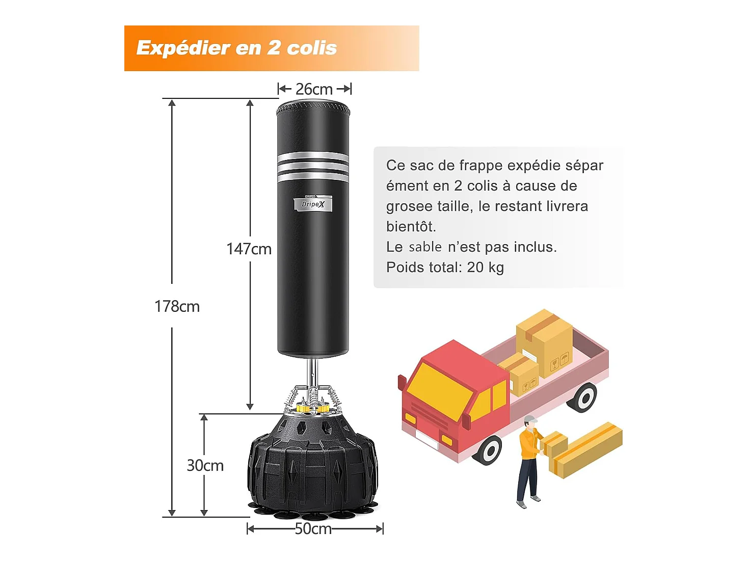 Dripex Sac de Boxe Autoportant avec Gants Sac de Frappe sur Pied 178 cm Punching Ball avec 19 Ventouses pour Muay Thai Kickboxing