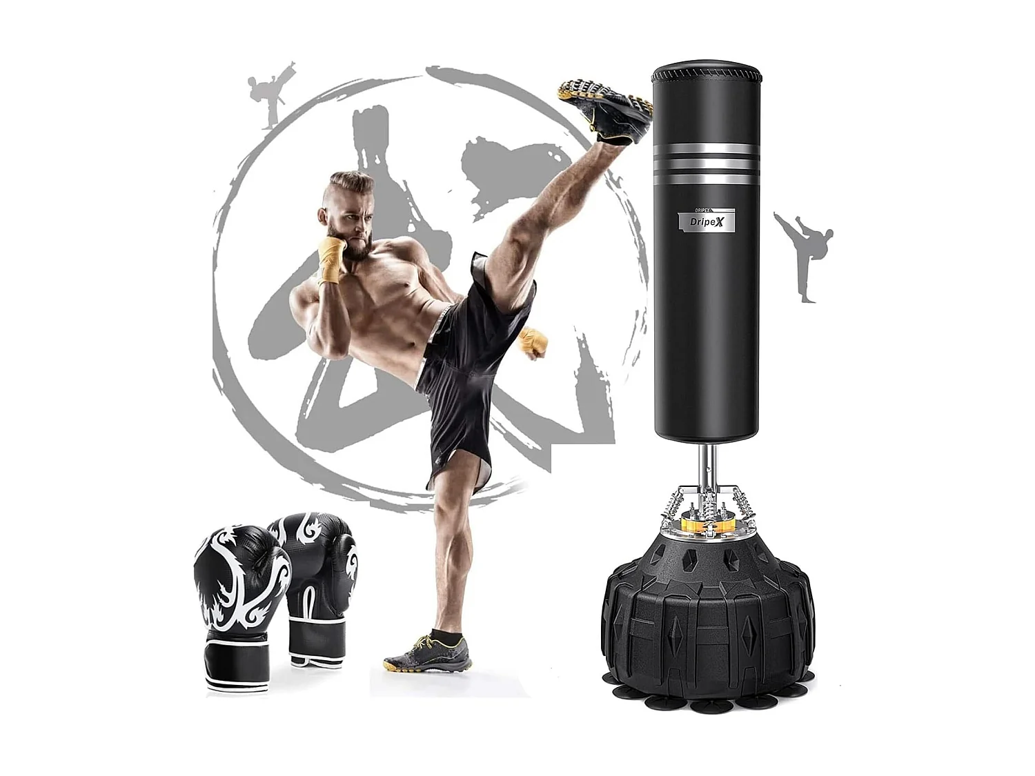 Dripex Sac de Boxe Autoportant avec Gants Sac de Frappe sur Pied 178 cm Punching Ball avec 19 Ventouses pour Muay Thai Kickboxing