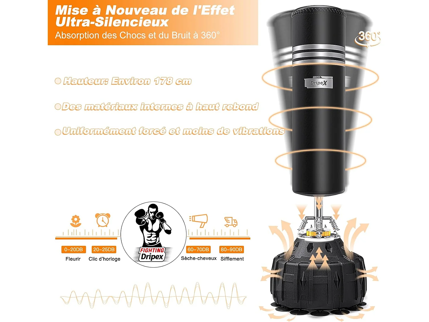 Dripex Sac de Boxe Autoportant avec Gants Sac de Frappe sur Pied 178 cm Punching Ball avec 19 Ventouses pour Muay Thai Kickboxing