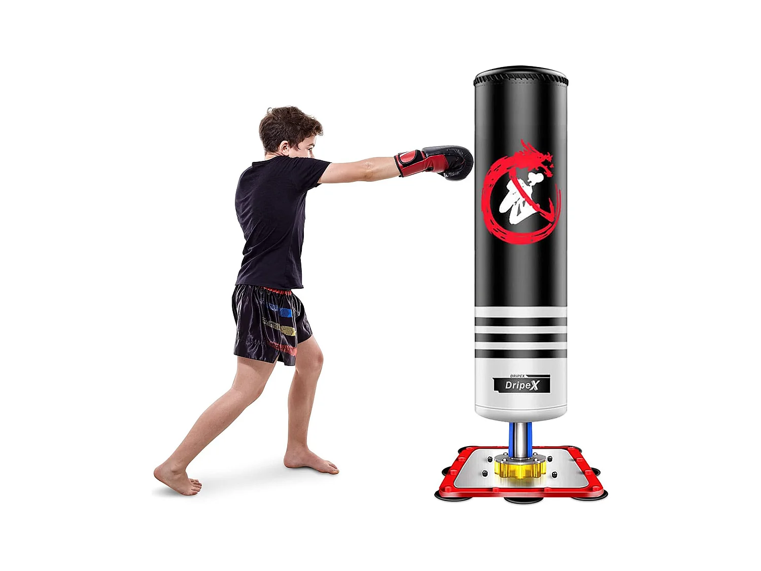 Dripex PunchingBall Enfant 120 cm Sac de Frappe Boxe sur Pied avec 12 Ventouses pour Karat Taekwondo MMA Noir