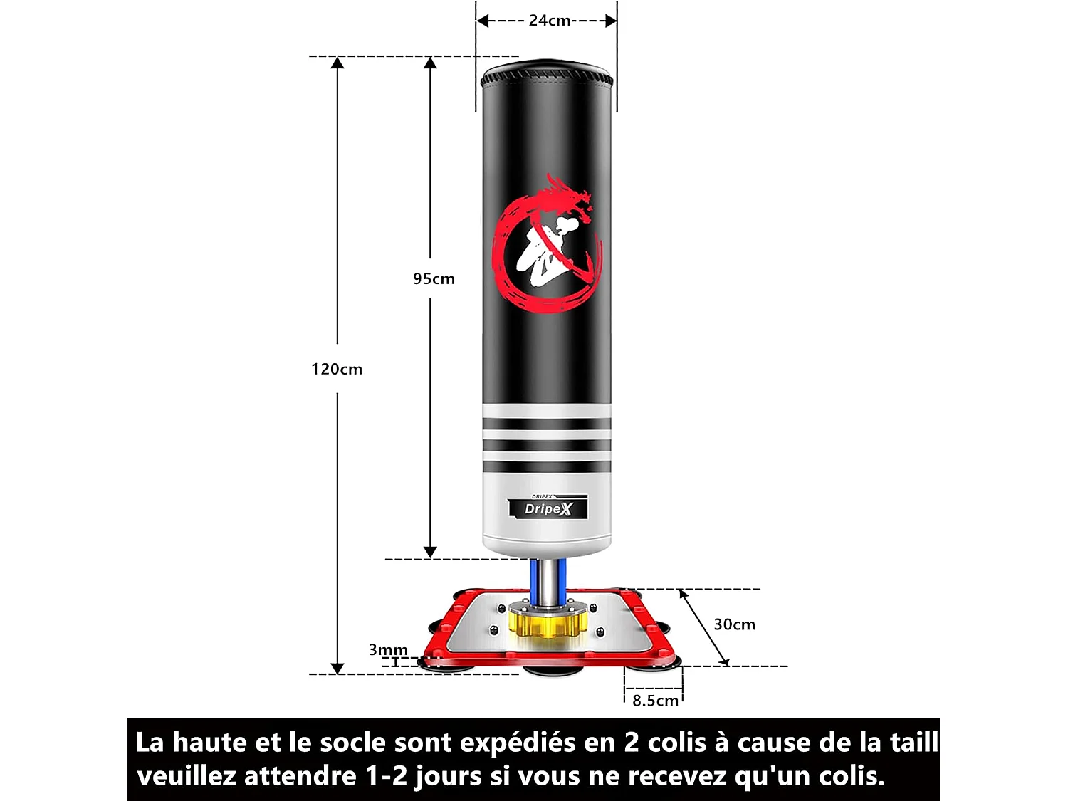 Dripex PunchingBall Enfant 120 cm Sac de Frappe Boxe sur Pied avec 12 Ventouses pour Karat Taekwondo MMA Noir