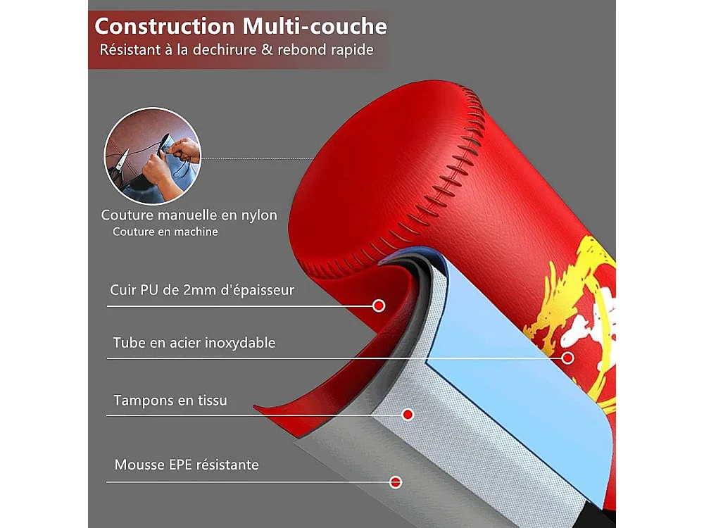 Dripex Sac de Frappe sur Pied Adulte 175cm Sac de Boxe Autoportant MMA Punching Ball pour Karat Fitness Taekwondo Rouge