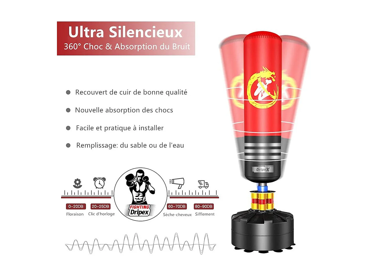 Dripex Sac de Frappe sur Pied Adulte 175cm Sac de Boxe Autoportant MMA Punching Ball pour Karat Fitness Taekwondo Rouge