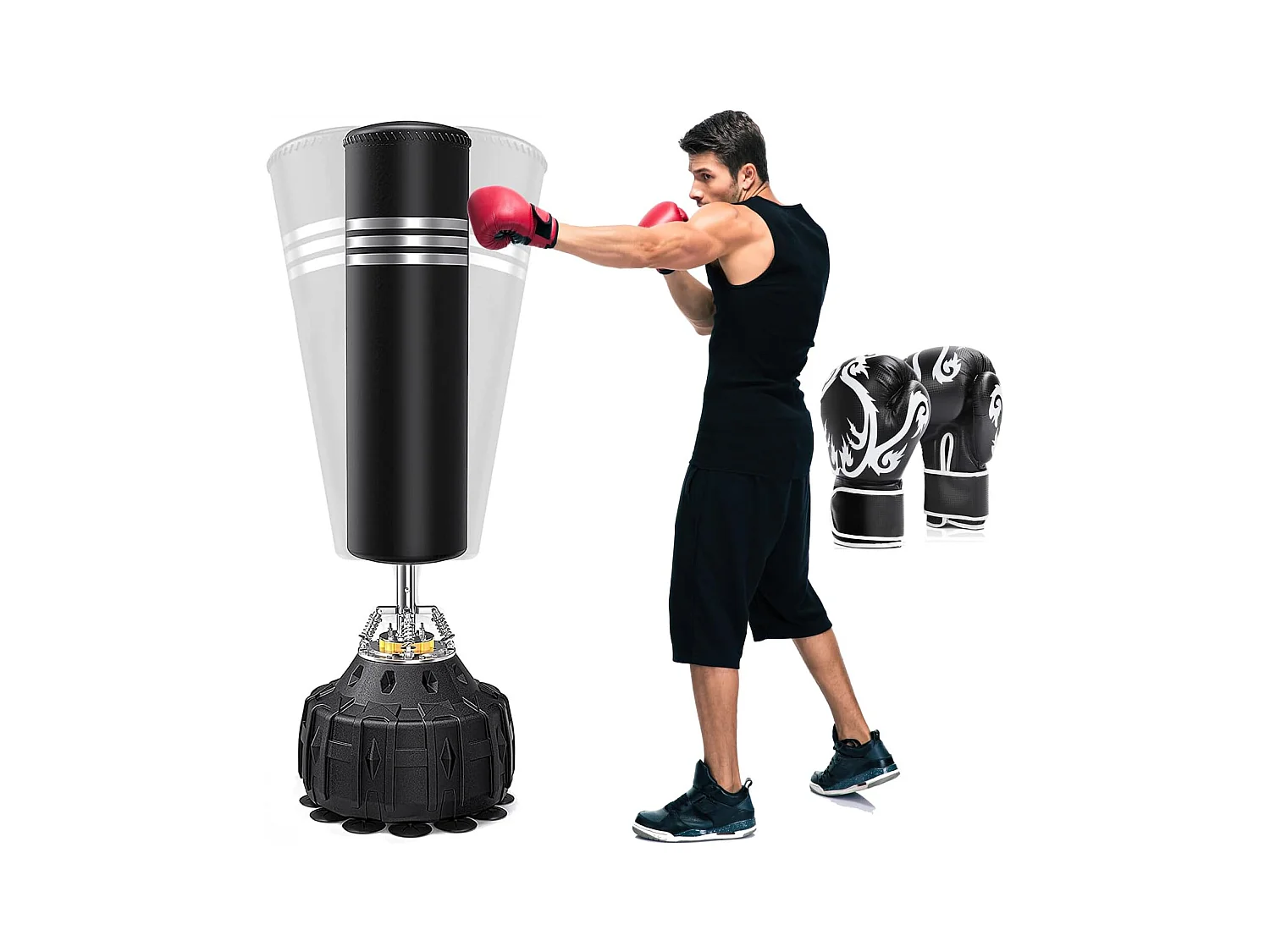 Moziel Sac de Frappe sur Pied 178 cm avec Gants Punching Bag Debout Adulte Sac de Frappe Boxe Autoportant 19 Ventouses avec Systme