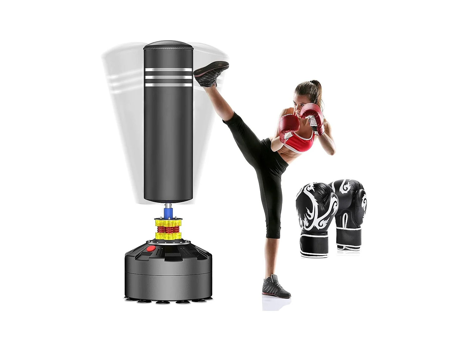 Moziel Sac de Frappe sur Pied avec Gants Punching Bag Debout pour Adulte 175 cm Sac de Boxe Autoportant avec 12 VentousesNoir