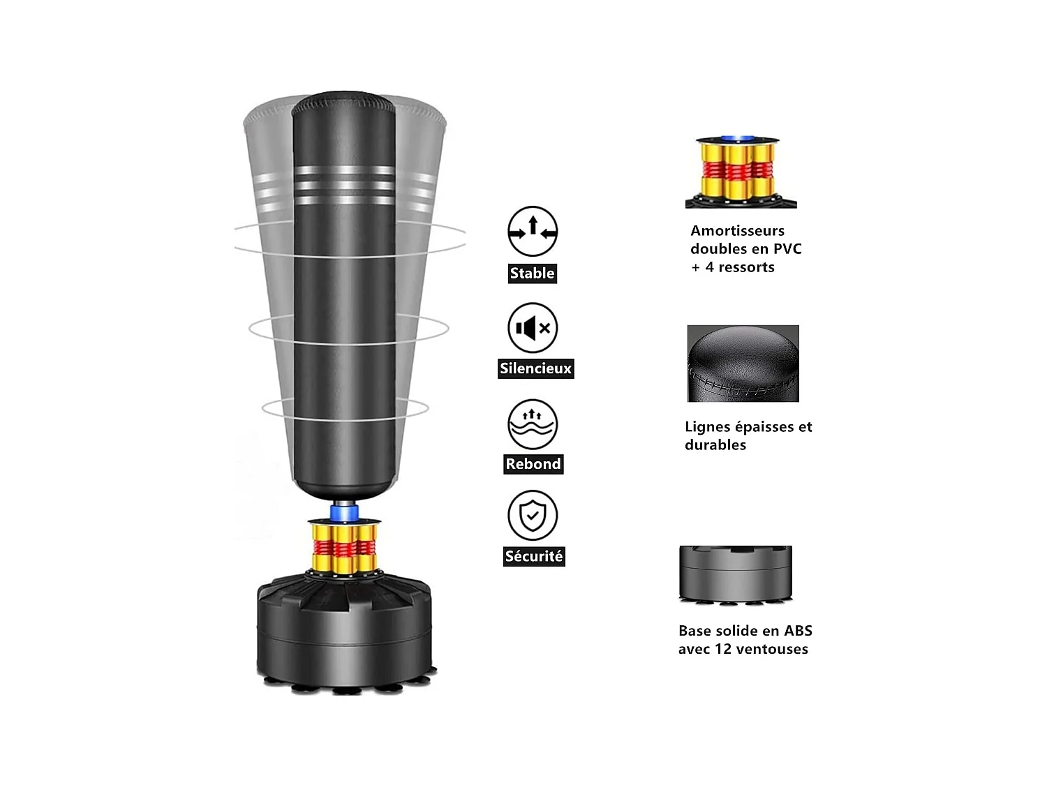 Moziel Sac de Frappe sur Pied avec Gants Punching Bag Debout pour Adulte 175 cm Sac de Boxe Autoportant avec 12 VentousesNoir