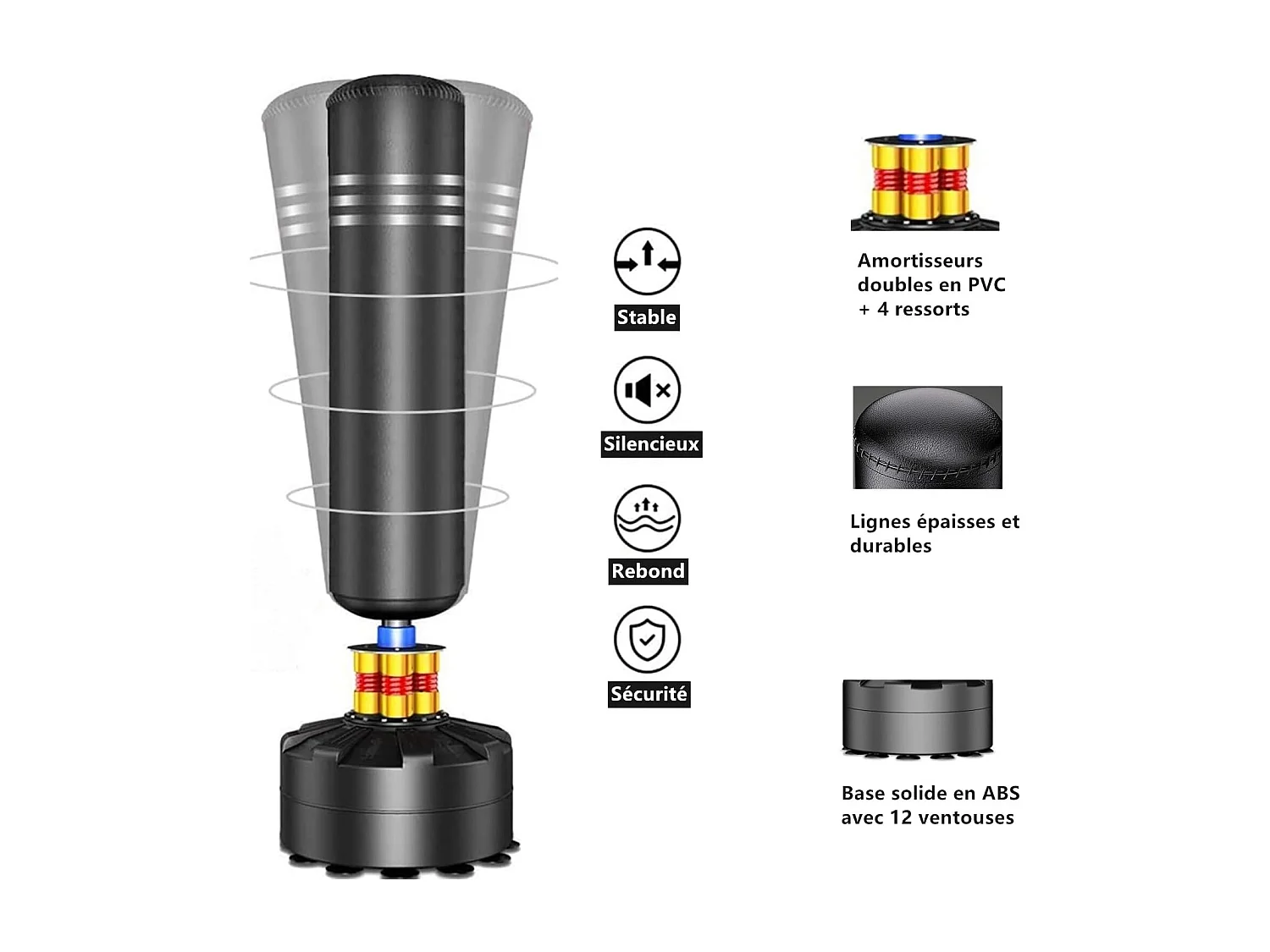 Moziel Sac de Frappe sur Pied avec Gants Punching Bag Debout pour Adulte 175 cm Sac de Boxe Autoportant avec 12 VentousesNoir