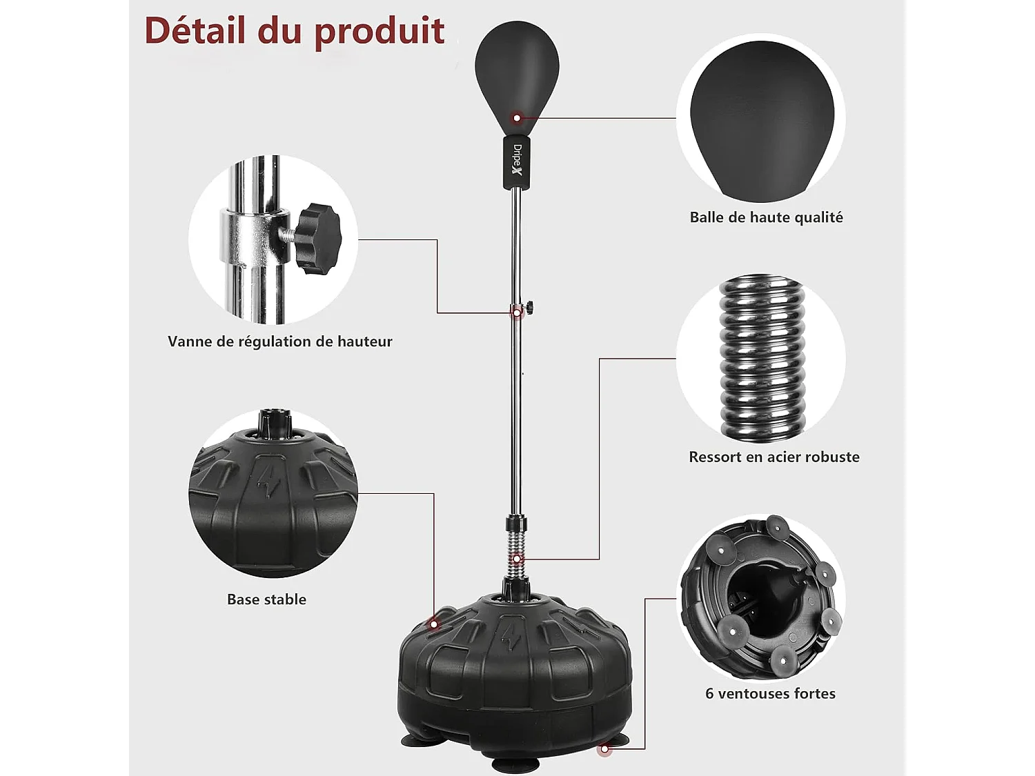 Dripex Punching Ball sur Pied avec Gants Enfant Sac de Frappe Boxe avec Base 6 Ventouses Hauteur Rglable 135-155 cm Noir