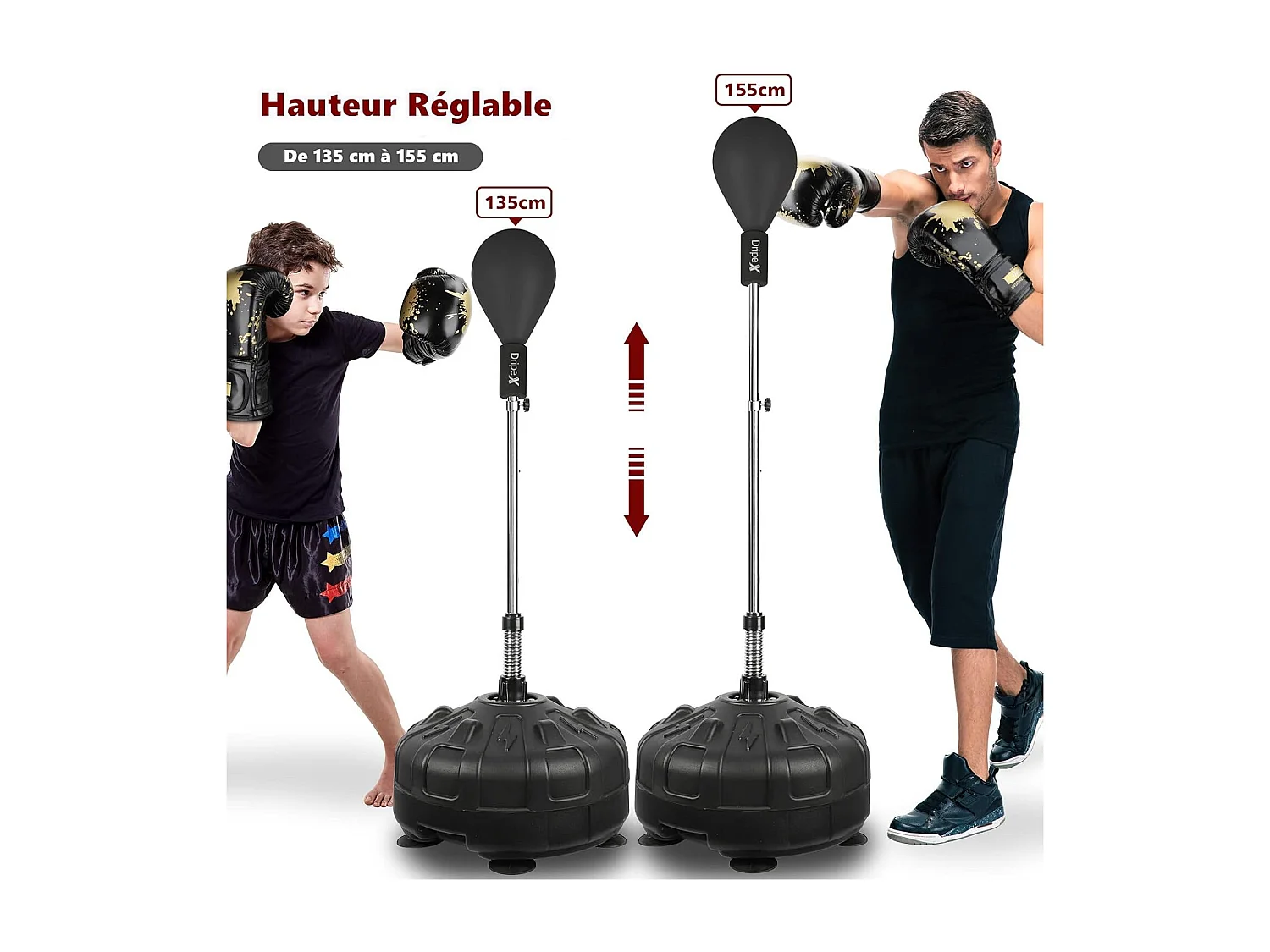 Dripex Punching Ball sur Pied avec Gants Enfant Sac de Frappe Boxe avec Base 6 Ventouses Hauteur Rglable 135-155 cm Noir