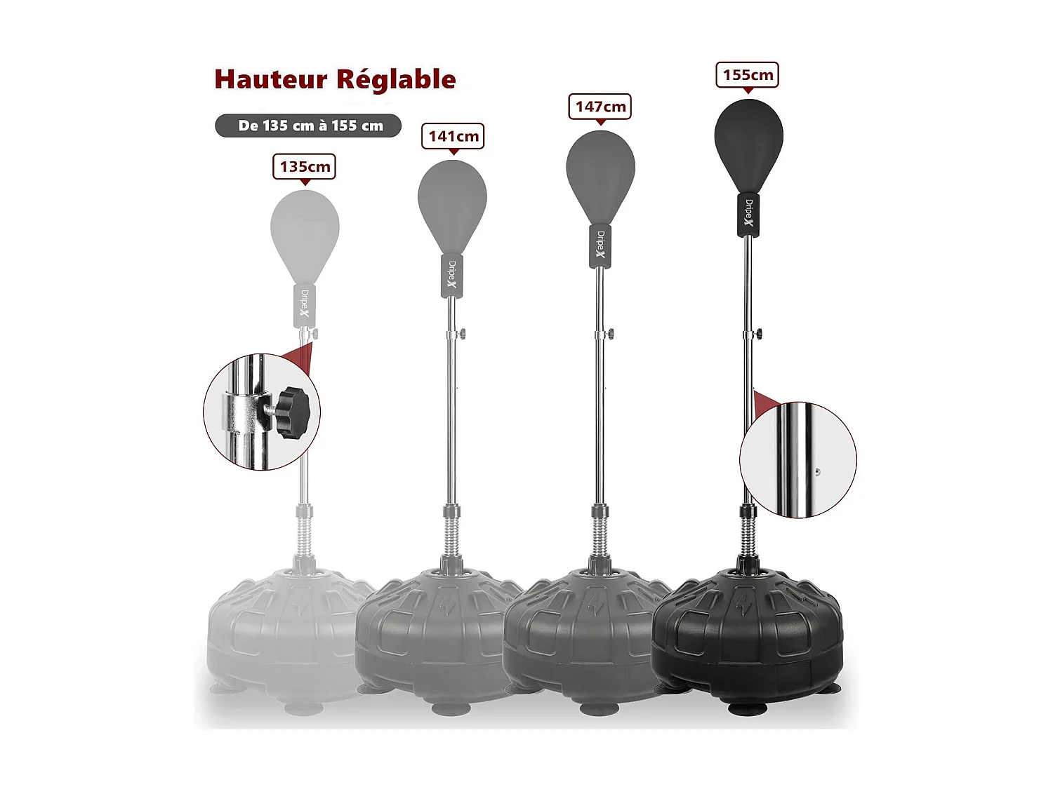 Dripex Punching Ball sur Pied avec Gants Enfant Sac de Frappe Boxe avec Base 6 Ventouses Hauteur Rglable 135-155 cm Noir