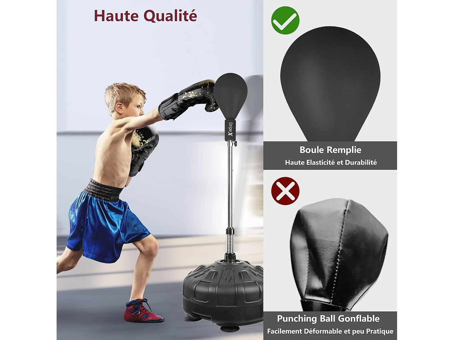 Dripex Punching Ball sur Pied avec Gants Enfant Sac de Frappe Boxe avec Base 6 Ventouses Hauteur Rglable 135-155 cm Noir