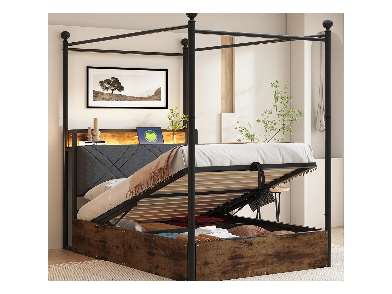 Lit double coffre 90x190 cm - avec baldaquin en métal - montants amovibles - avec LED et port USB/Type-C - Noir