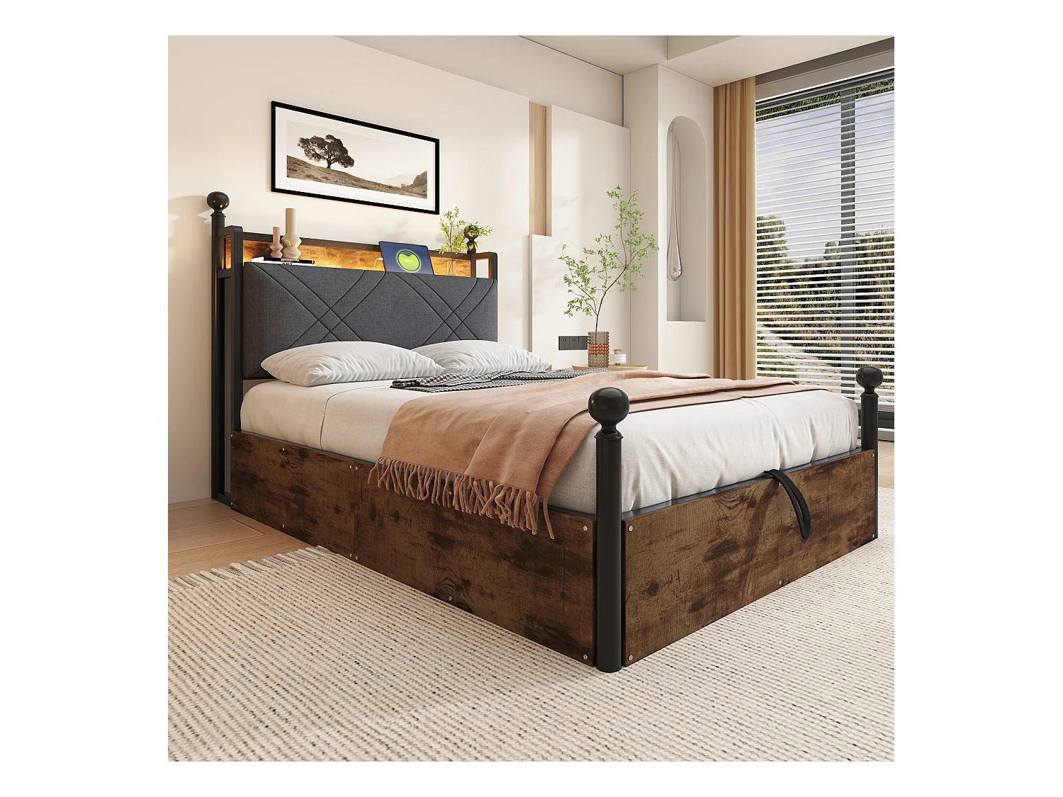 Lit double coffre 90x190 cm - avec baldaquin en métal - montants amovibles - avec LED et port USB/Type-C - Noir