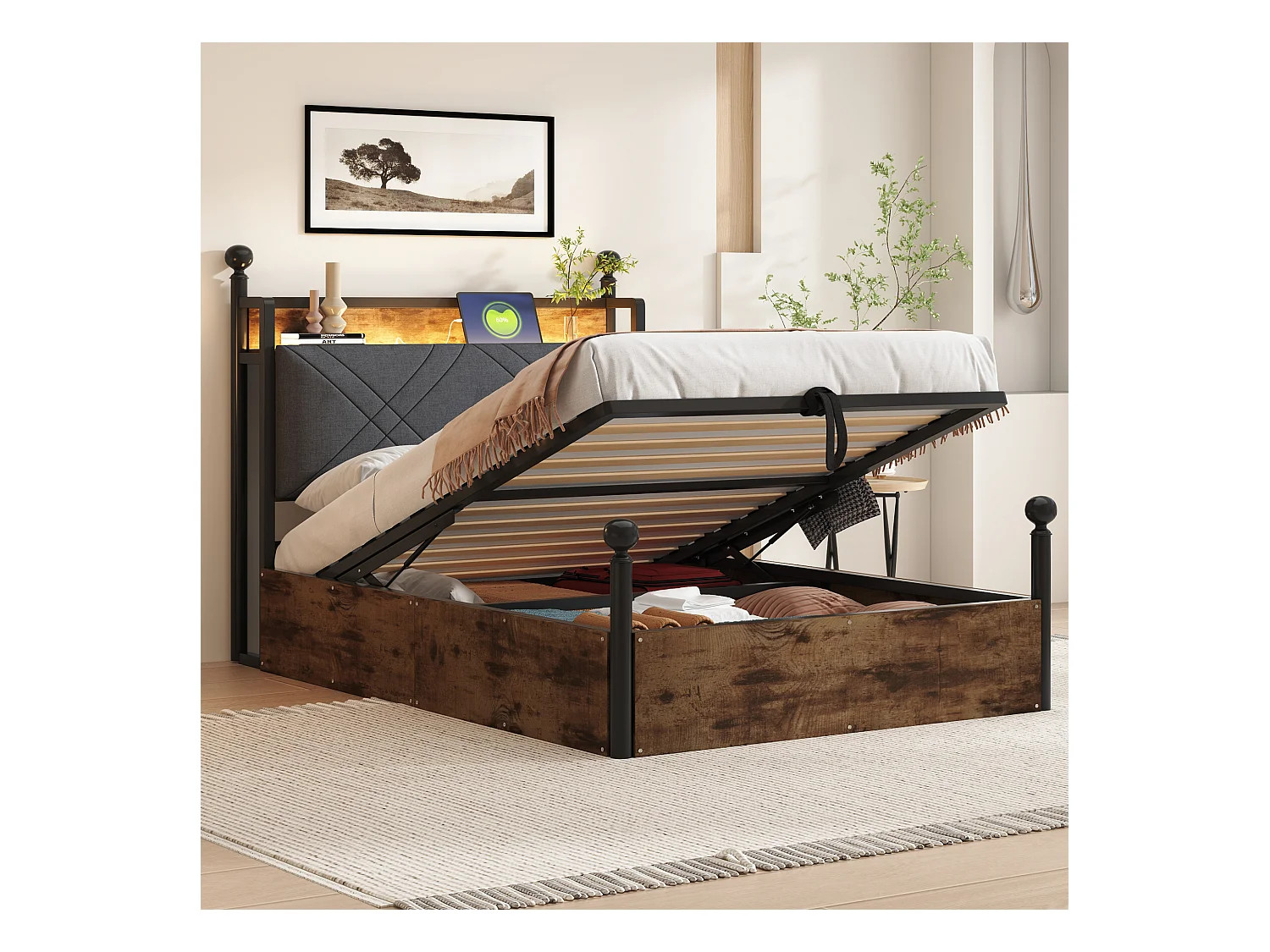 Lit double coffre 90x190 cm - avec baldaquin en métal - montants amovibles - avec LED et port USB/Type-C - Noir