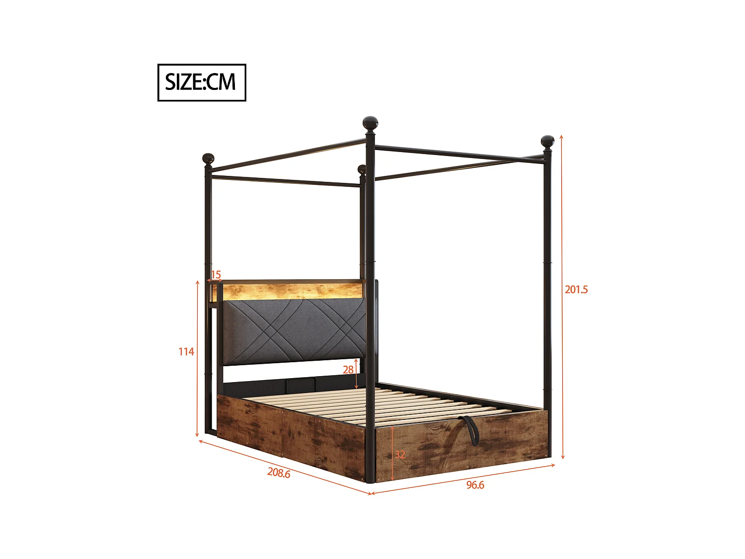 Lit double coffre 90x190 cm - avec baldaquin en métal - montants amovibles - avec LED et port USB/Type-C - Noir