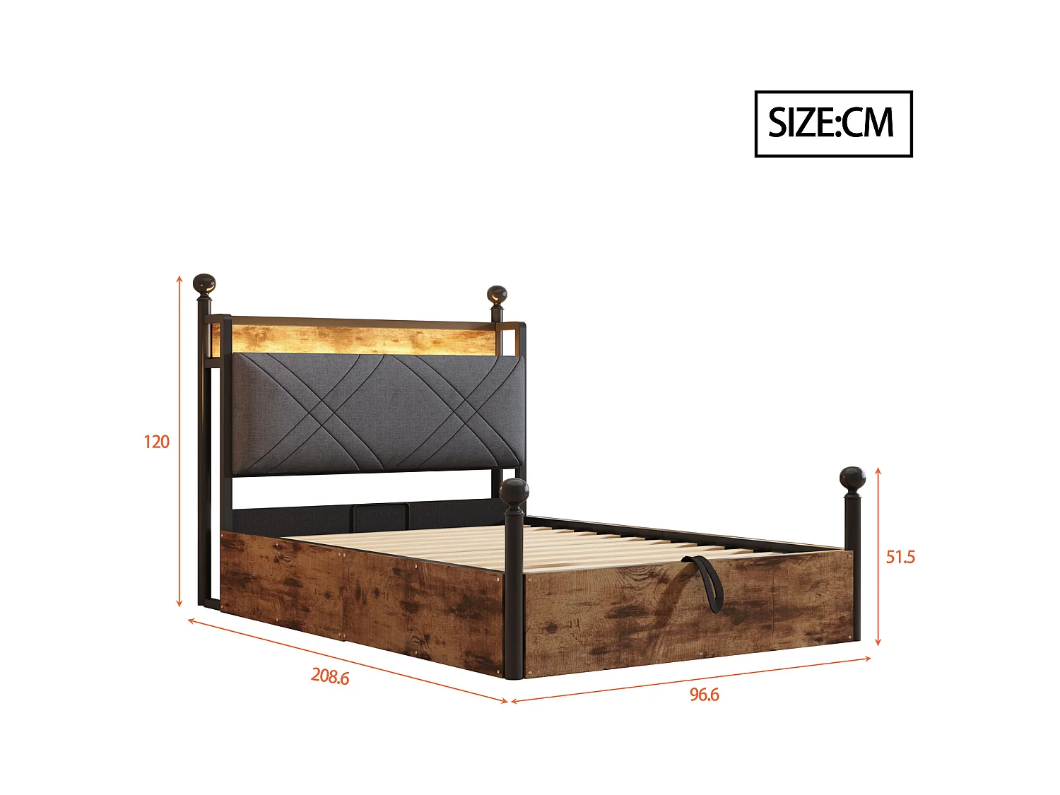 Lit double coffre 90x190 cm - avec baldaquin en métal - montants amovibles - avec LED et port USB/Type-C - Noir