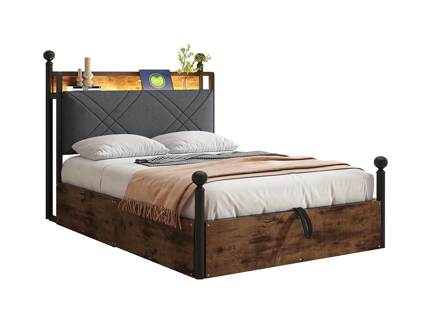 Lit double coffre 90x190 cm - avec baldaquin en métal - montants amovibles - avec LED et port USB/Type-C - Noir