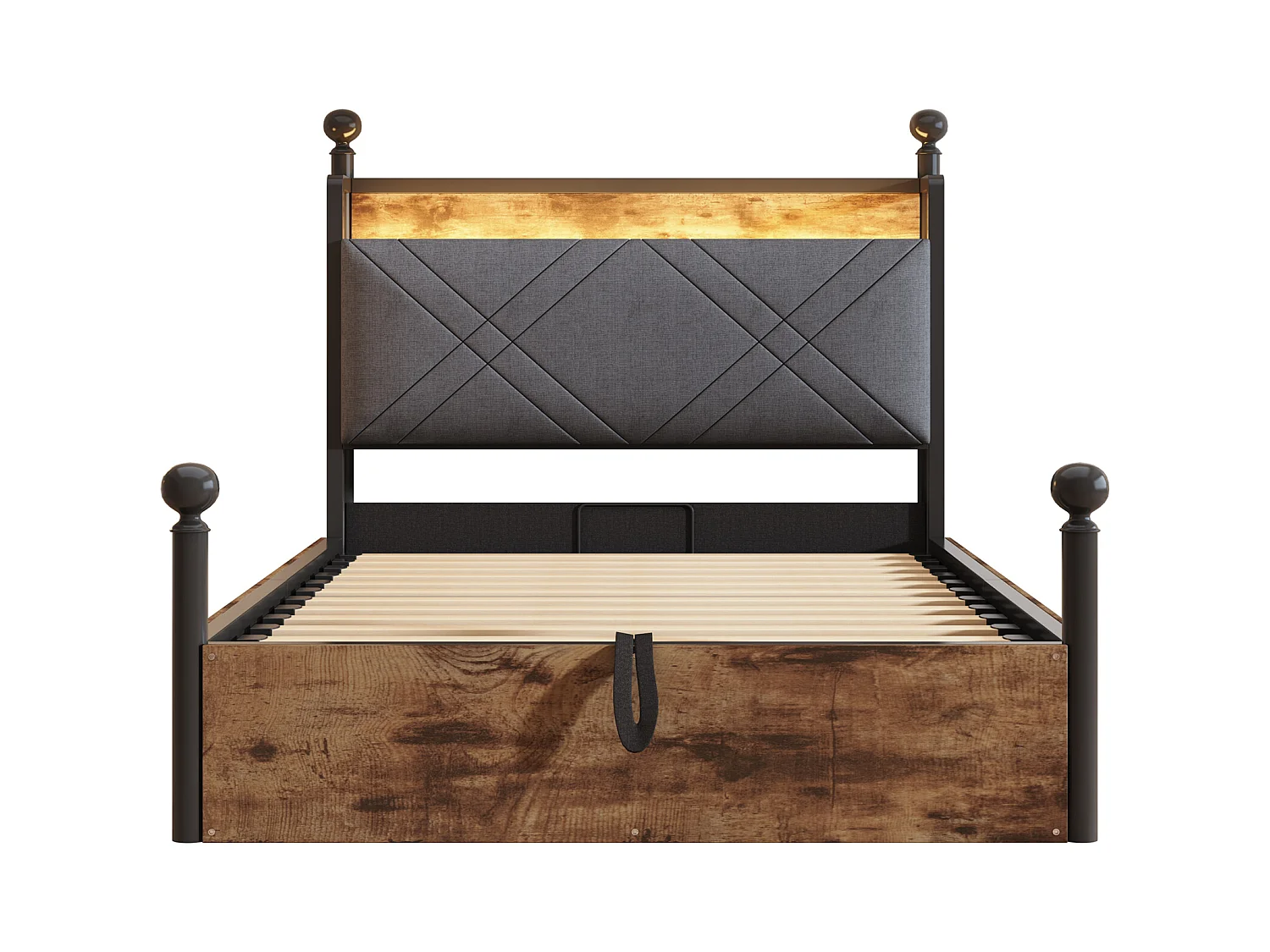 Lit double coffre 90x190 cm - avec baldaquin en métal - montants amovibles - avec LED et port USB/Type-C - Noir
