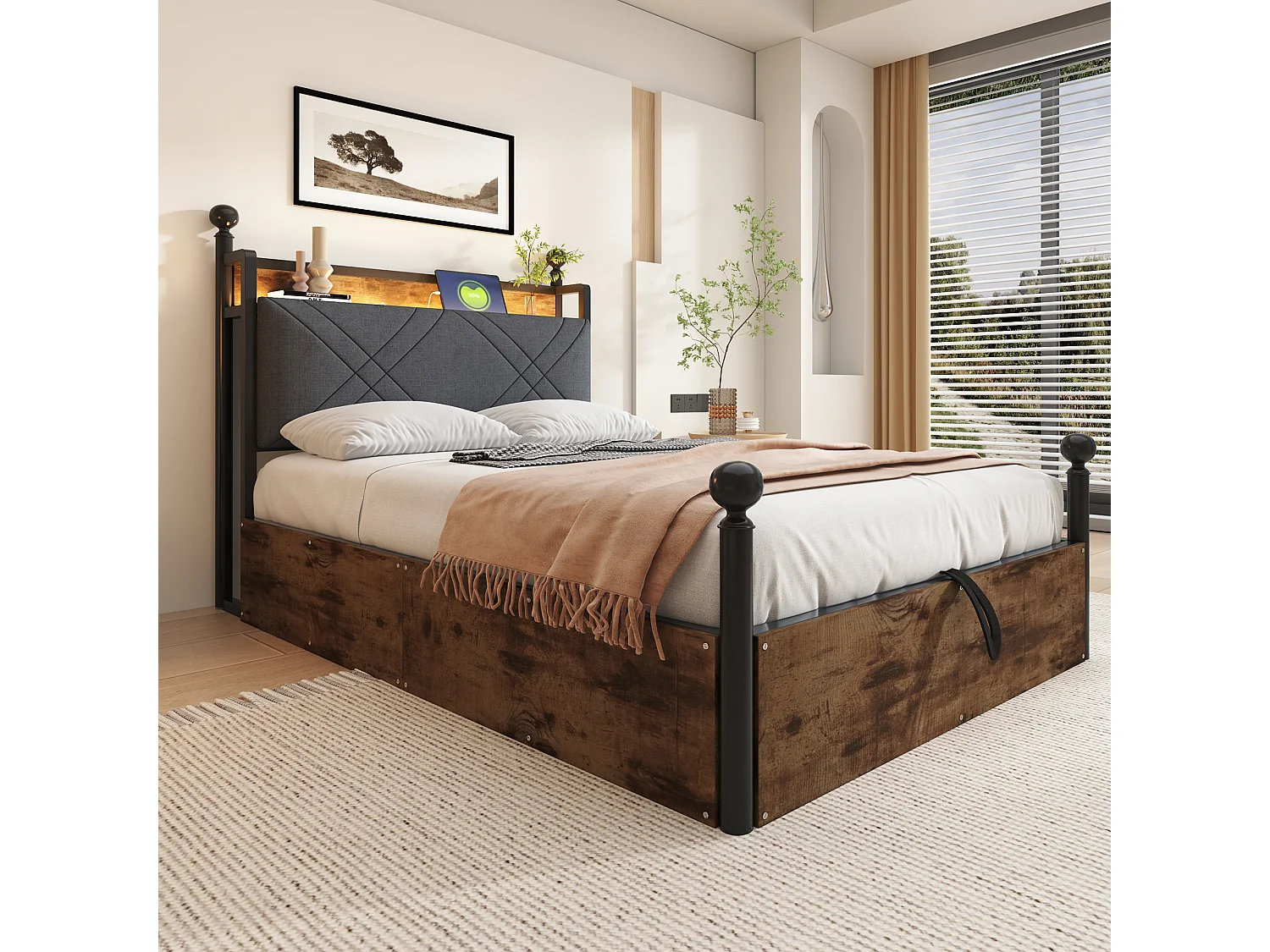 Lit double coffre 90x190 cm - avec baldaquin en métal - montants amovibles - avec LED et port USB/Type-C - Noir