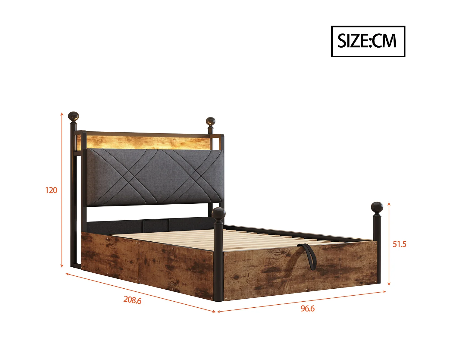 Lit double coffre 90x190 cm - avec baldaquin en métal - montants amovibles - avec LED et port USB/Type-C - Noir