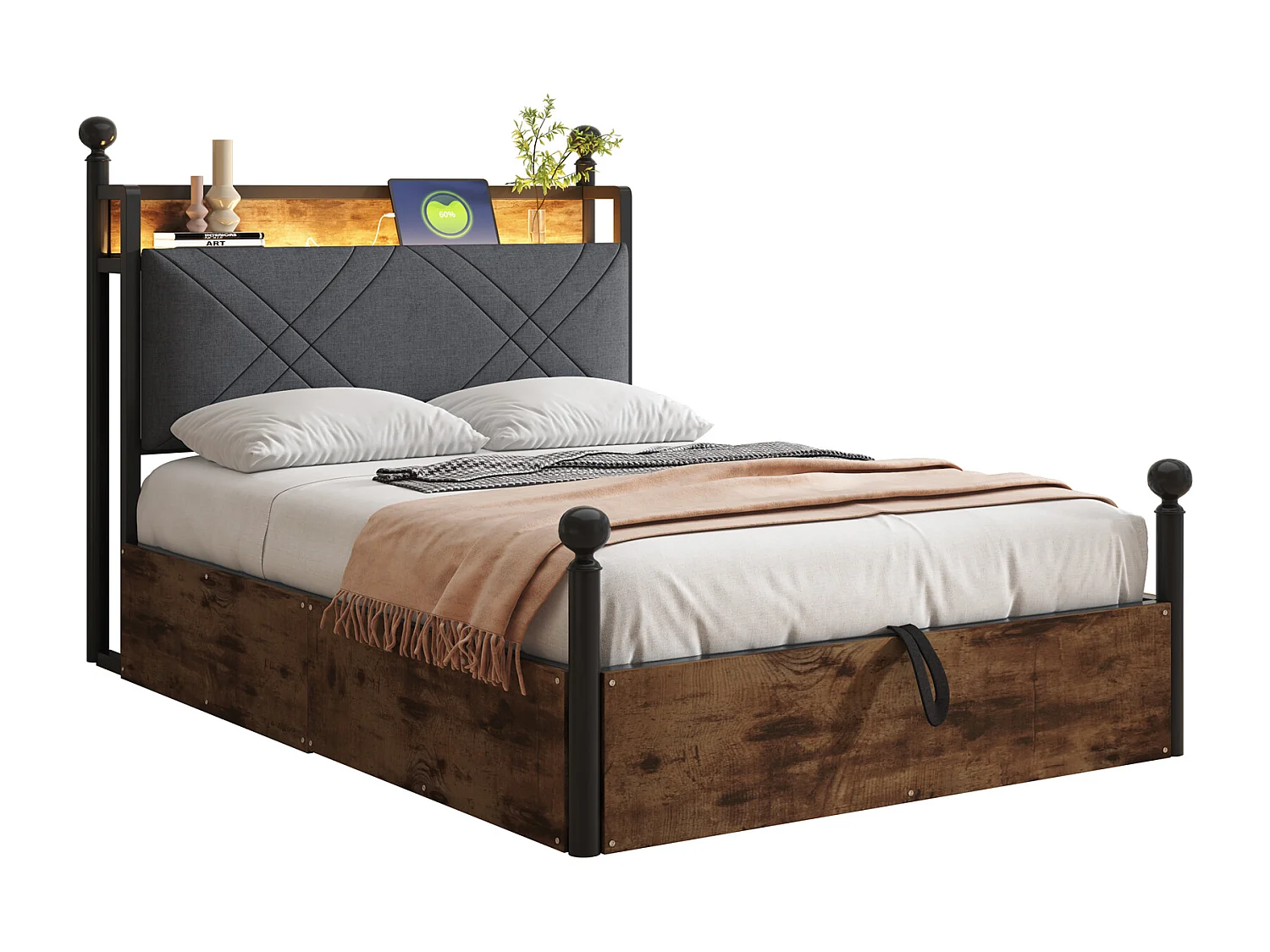 Lit double coffre 90x190 cm - avec baldaquin en métal - montants amovibles - avec LED et port USB/Type-C - Noir