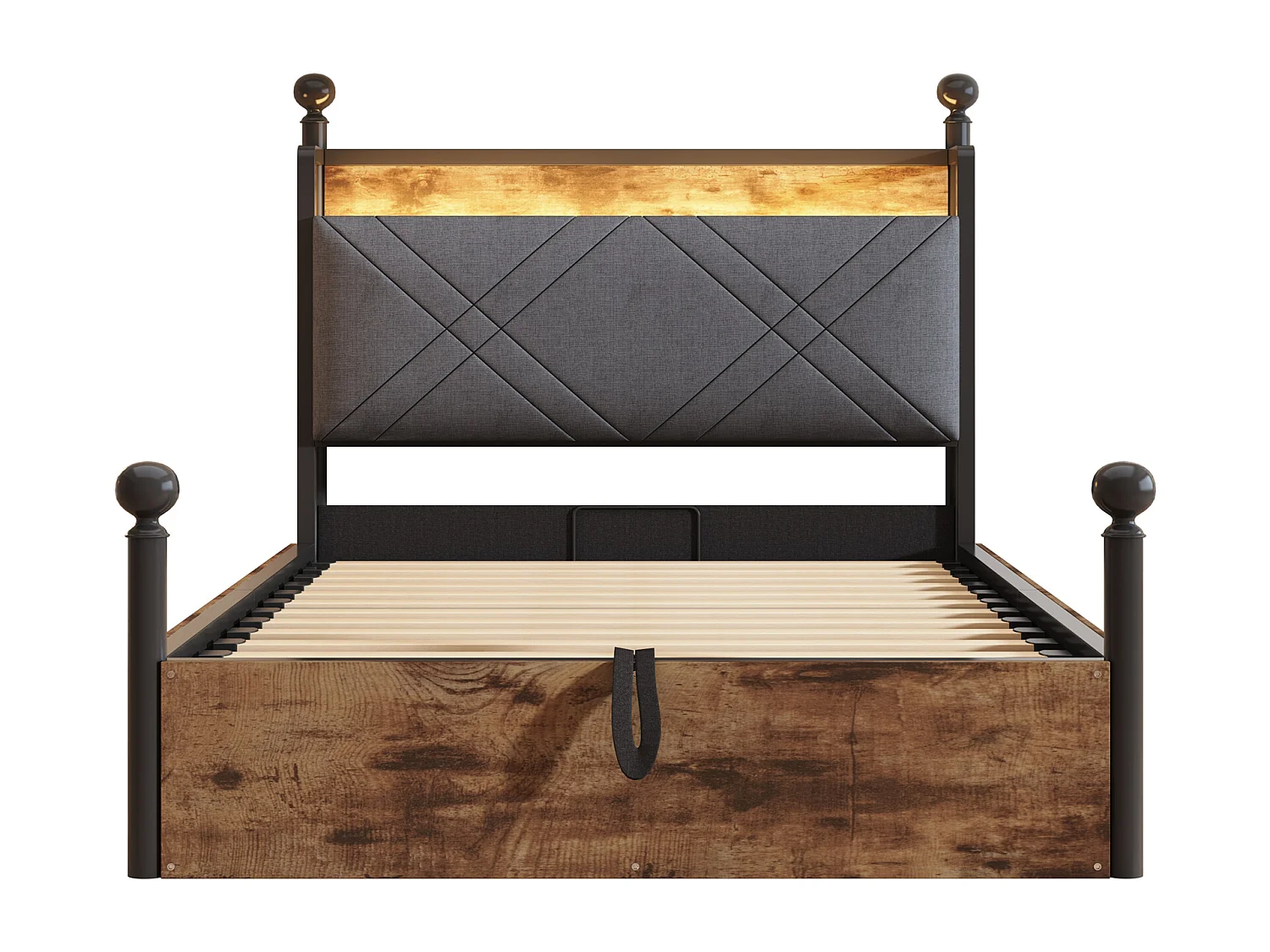 Lit double coffre 90x190 cm - avec baldaquin en métal - montants amovibles - avec LED et port USB/Type-C - Noir