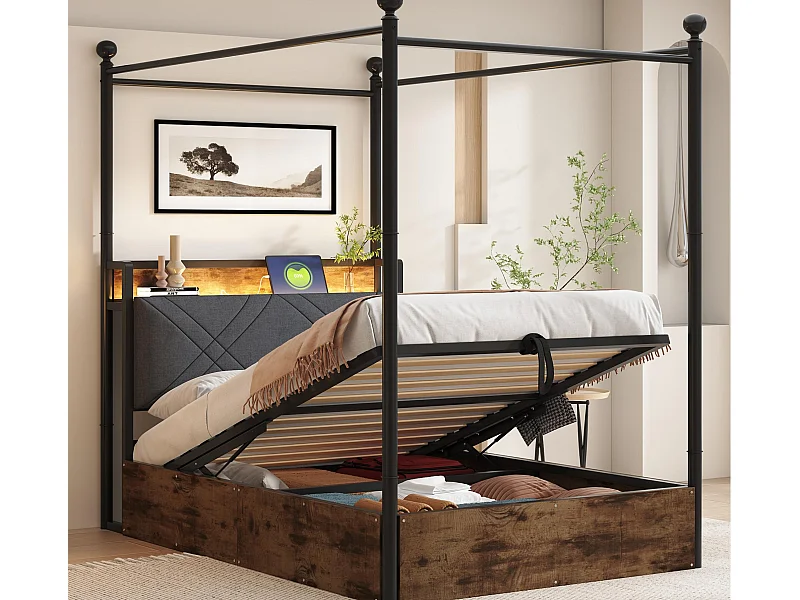 Dubbelbed met opbergruimte 90x190 cm - met metalen hemelbed - Verwijderbare bedposten - met LED en USB/Type-C-poort - Zwart