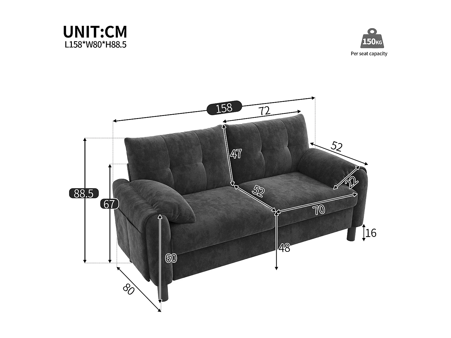 Canapé 2 places moderne 158x80x88,5cm - avec coussins épais - Tissu chenille - gris