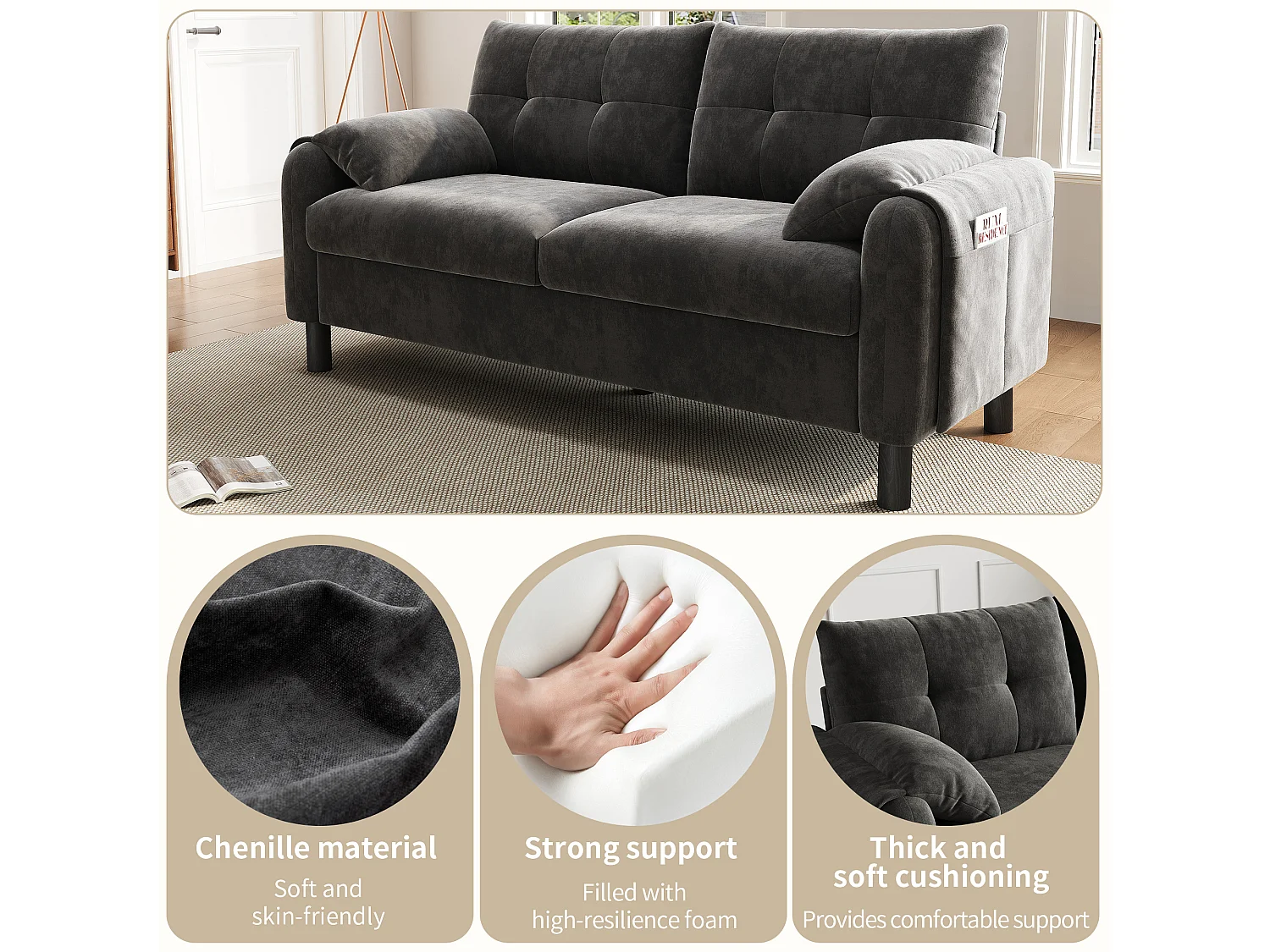 Canapé 2 places moderne 158x80x88,5cm - avec coussins épais - Tissu chenille - gris