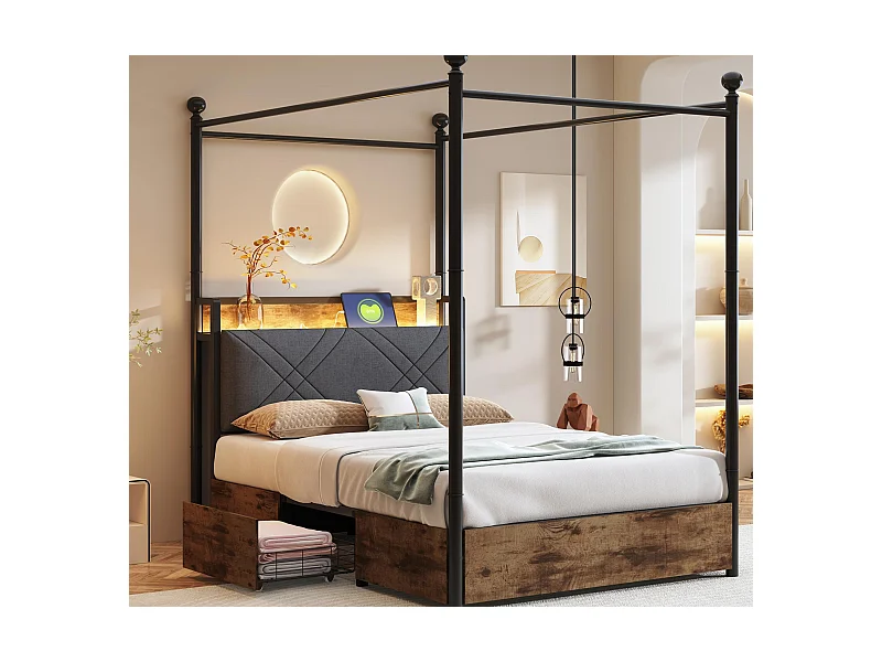 Doppelbett 90x190 cm - LED-Beleuchtung + USB/Type-C-Ladeanschluss - 3 Schubladen - Abnehmbare Bettpfosten - Schwarz