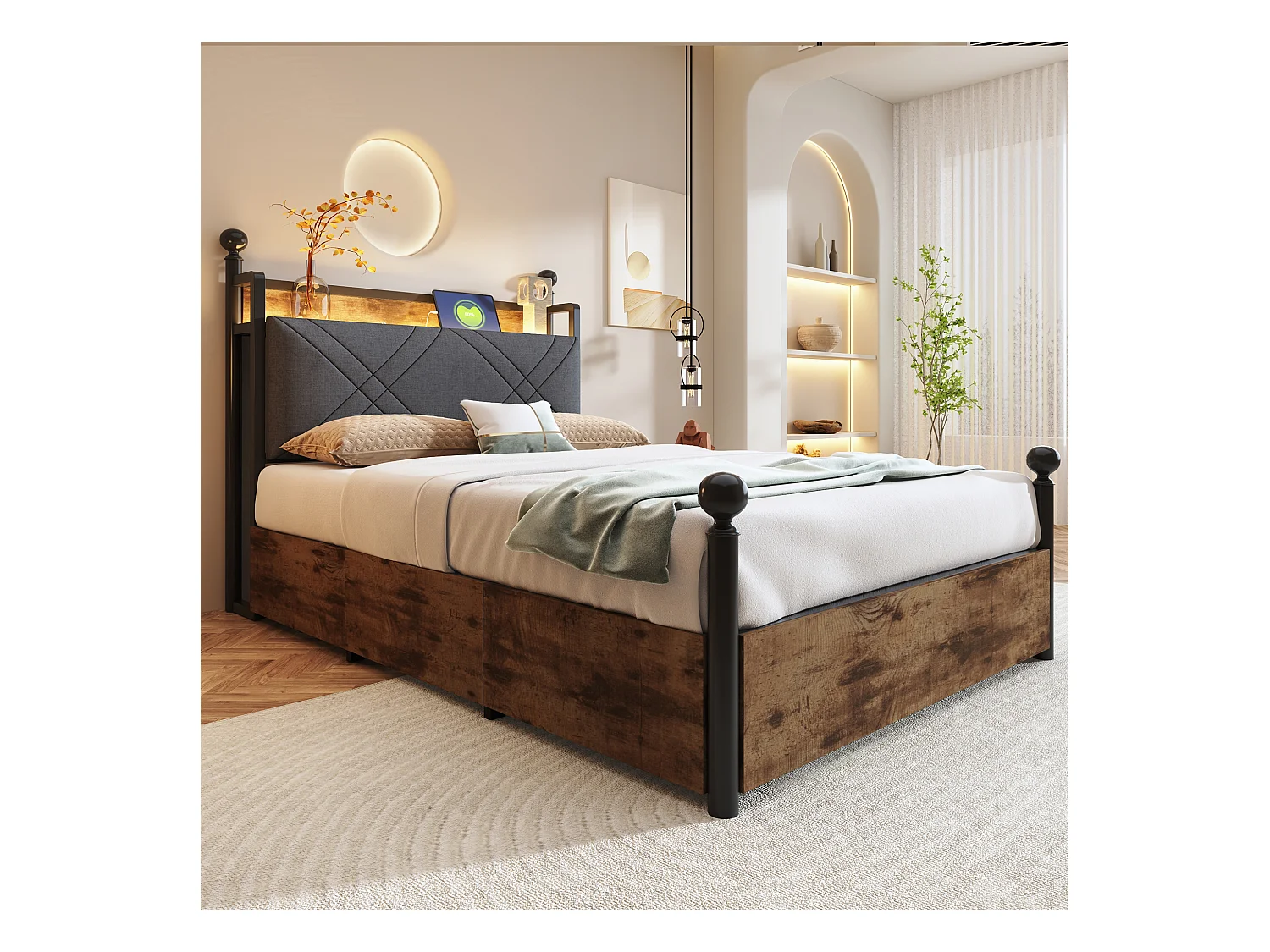 Lit double 90x190 cm - Éclairage LED + port de charge USB/Type-C - 3 tiroirs - Montants de lit amovibles - Noir