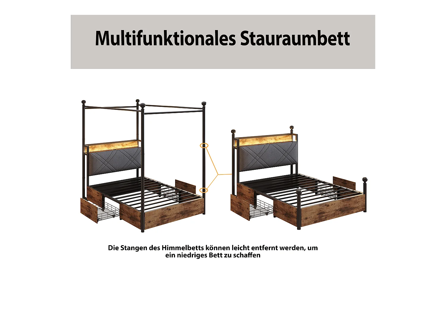 Lit double 90x190 cm - Éclairage LED + port de charge USB/Type-C - 3 tiroirs - Montants de lit amovibles - Noir