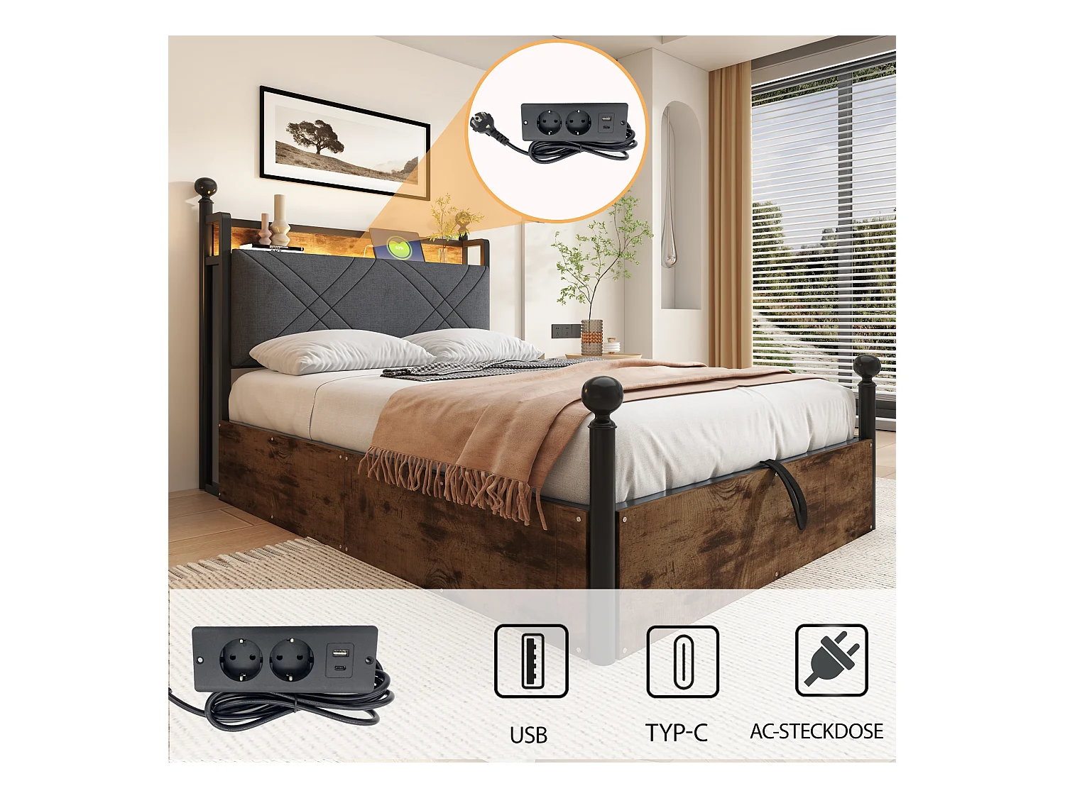 Lit double 90x190 cm - Éclairage LED + port de charge USB/Type-C - 3 tiroirs - Montants de lit amovibles - Noir