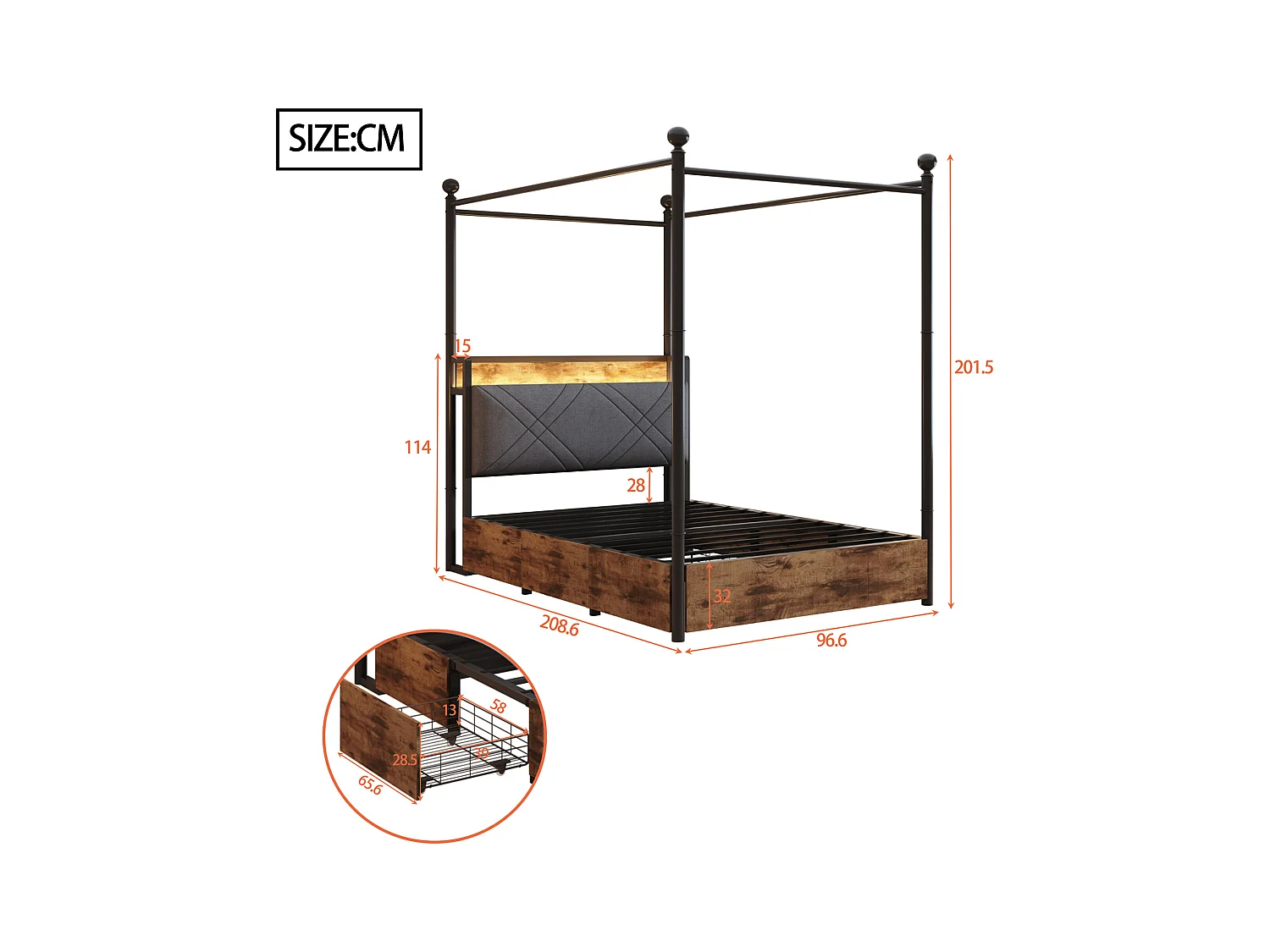 Lit double 90x190 cm - Éclairage LED + port de charge USB/Type-C - 3 tiroirs - Montants de lit amovibles - Noir