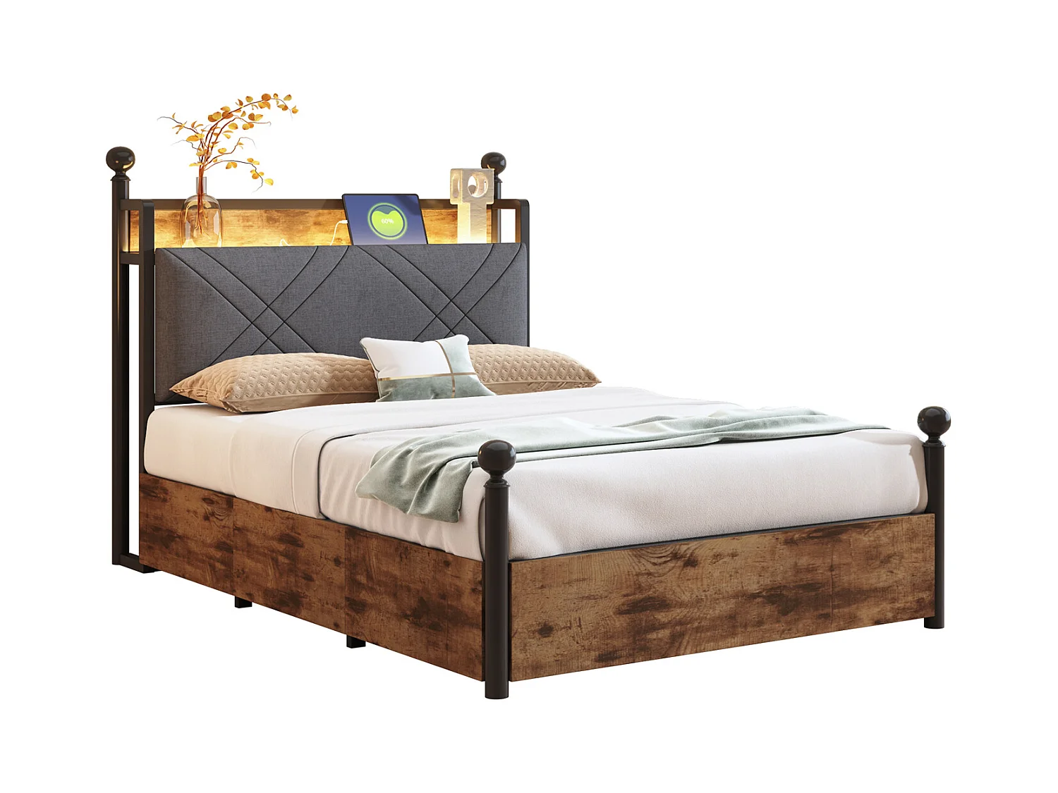 Lit double 90x190 cm - Éclairage LED + port de charge USB/Type-C - 3 tiroirs - Montants de lit amovibles - Noir