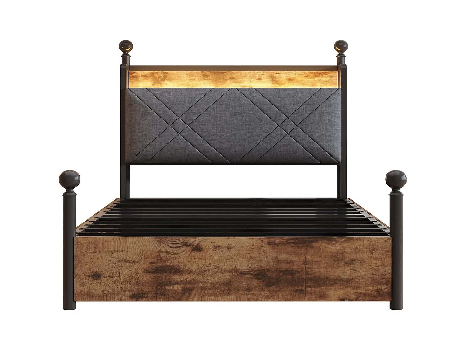 Lit double 90x190 cm - Éclairage LED + port de charge USB/Type-C - 3 tiroirs - Montants de lit amovibles - Noir