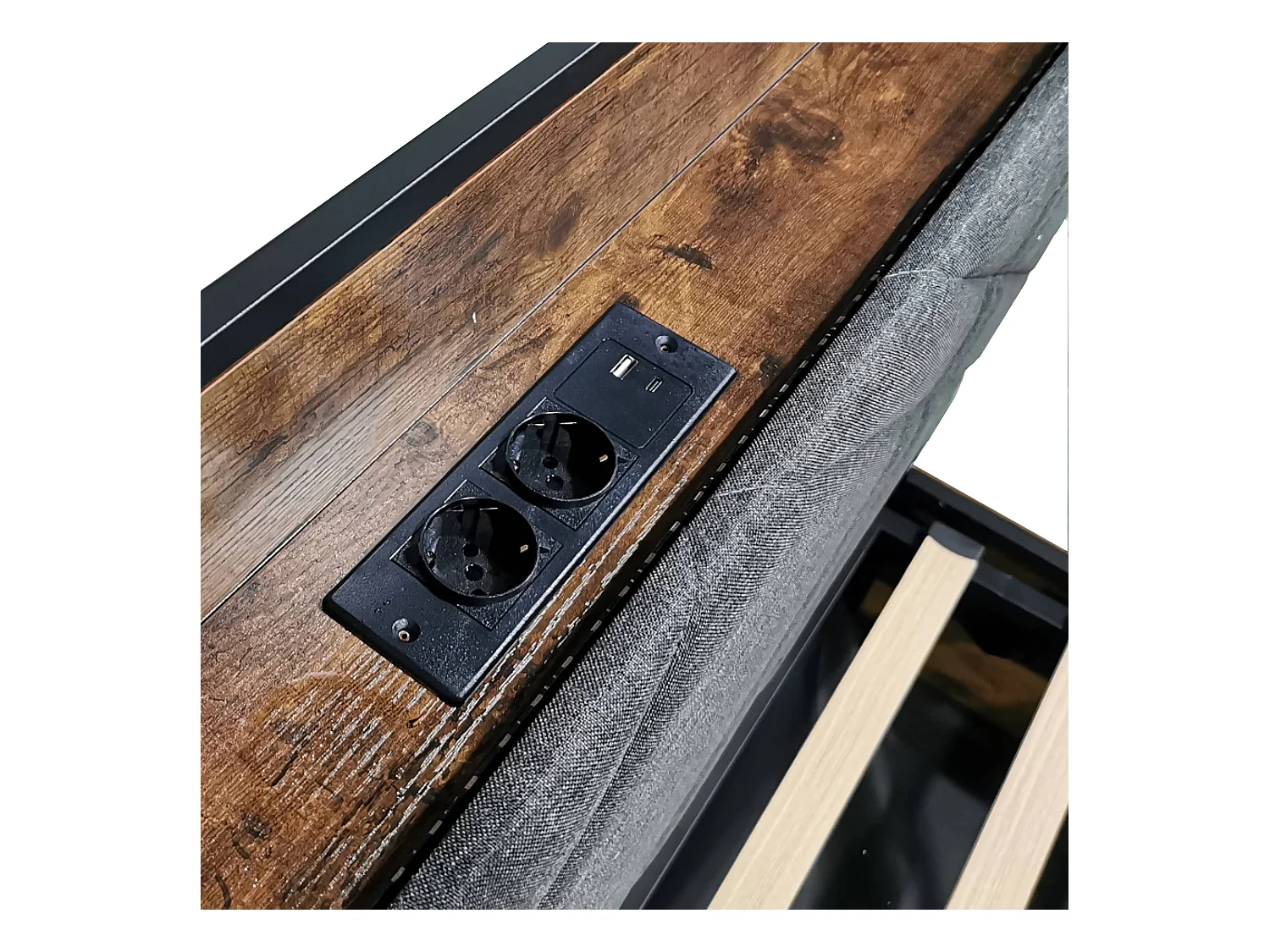 Lit double 90x190 cm - Éclairage LED + port de charge USB/Type-C - 3 tiroirs - Montants de lit amovibles - Noir