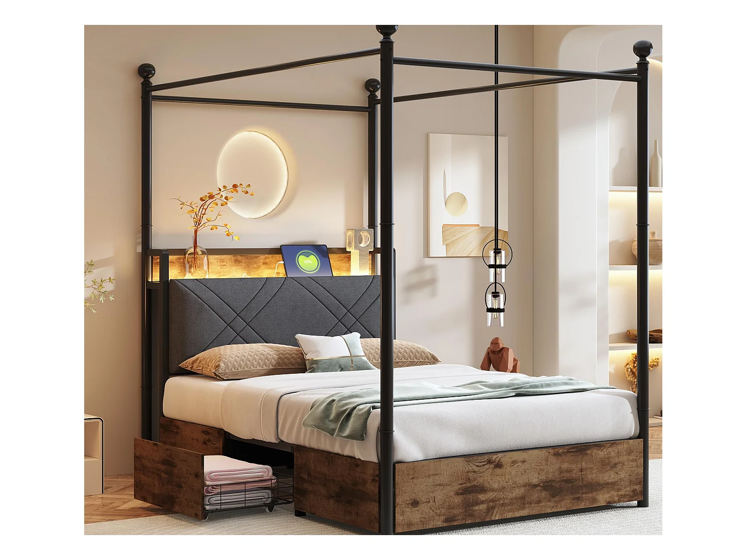 Lit double 90x190 cm - Éclairage LED + port de charge USB/Type-C - 3 tiroirs - Montants de lit amovibles - Noir