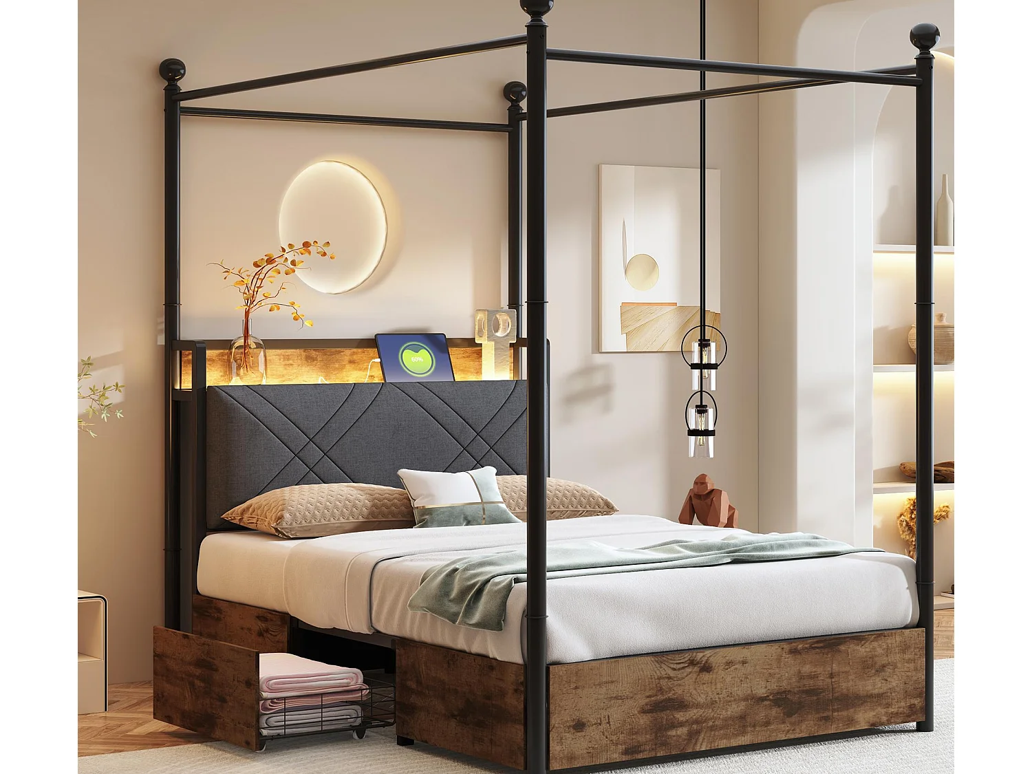 Doppelbett 90x190 cm - LED-Beleuchtung + USB/Type-C-Ladeanschluss - 3 Schubladen - Abnehmbare Bettpfosten - Schwarz