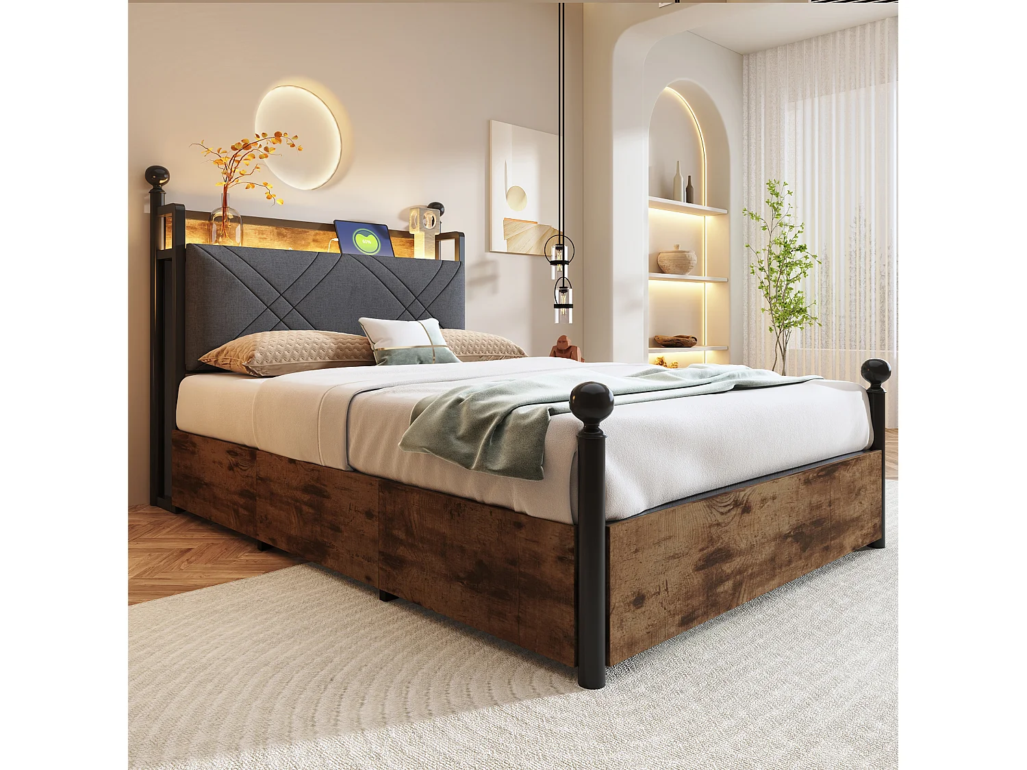 Doppelbett 90x190 cm - LED-Beleuchtung + USB/Type-C-Ladeanschluss - 3 Schubladen - Abnehmbare Bettpfosten - Schwarz