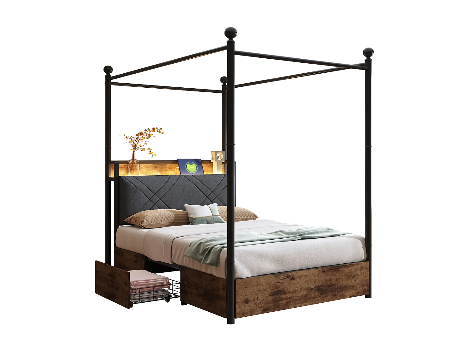 Doppelbett 90x190 cm - LED-Beleuchtung + USB/Type-C-Ladeanschluss - 3 Schubladen - Abnehmbare Bettpfosten - Schwarz