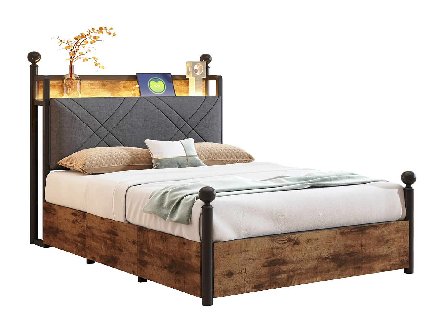 Doppelbett 90x190 cm - LED-Beleuchtung + USB/Type-C-Ladeanschluss - 3 Schubladen - Abnehmbare Bettpfosten - Schwarz