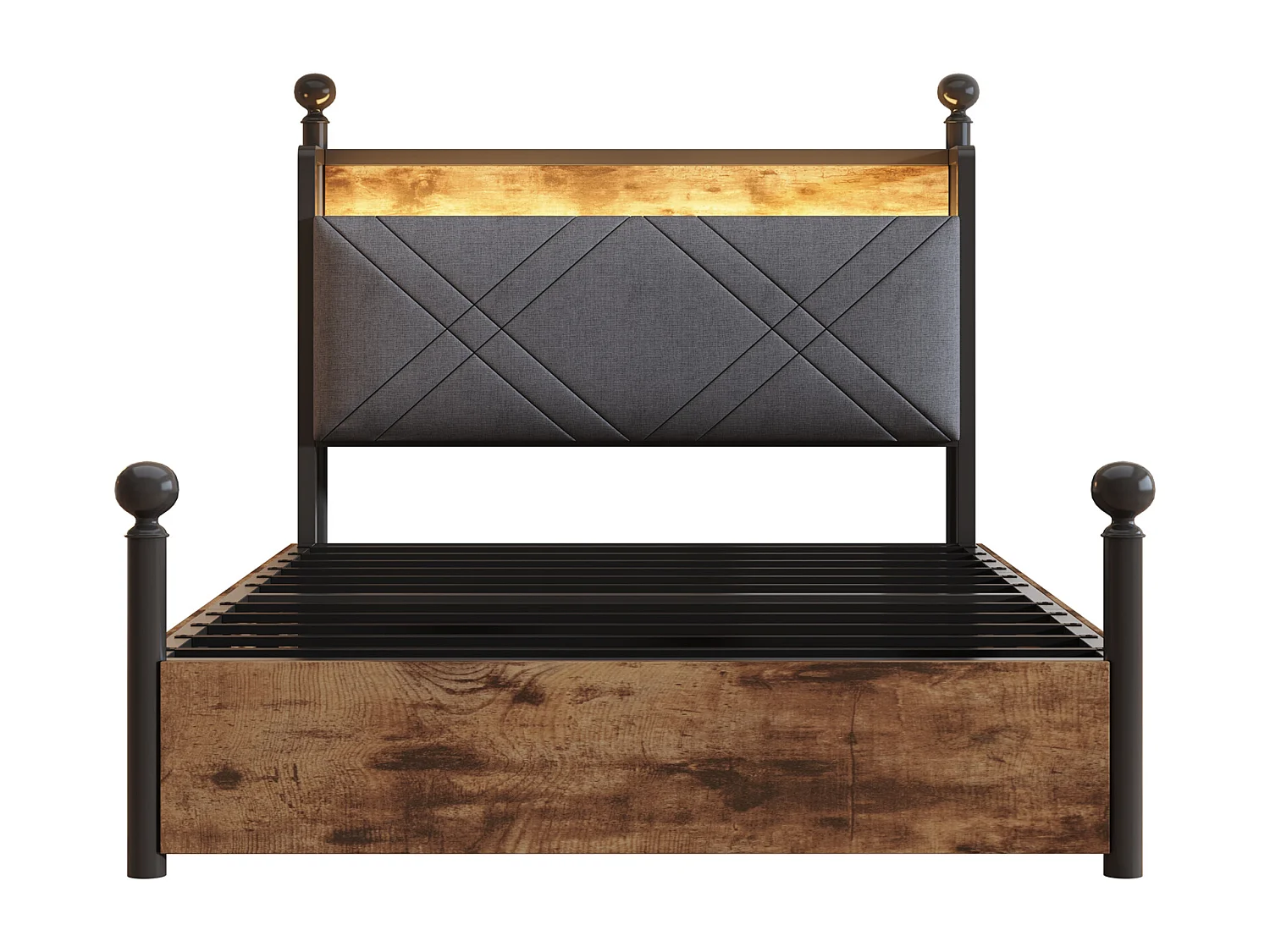 Doppelbett 90x190 cm - LED-Beleuchtung + USB/Type-C-Ladeanschluss - 3 Schubladen - Abnehmbare Bettpfosten - Schwarz